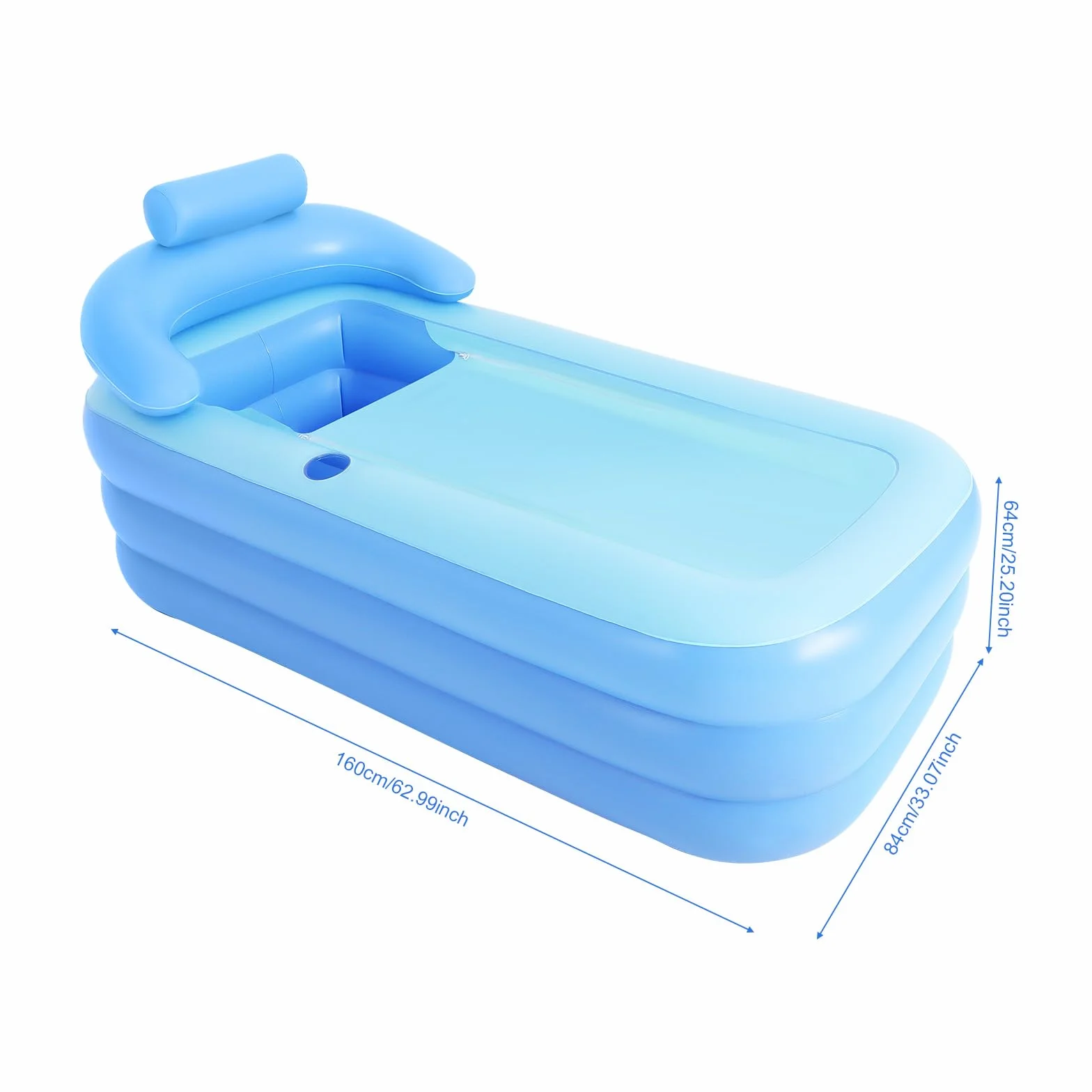 Bañera hinchable con cojín inflable, bañera de aire con soporte para bebidas, bañera plegable con función portátil plegable para adultos, adolescentes, azul