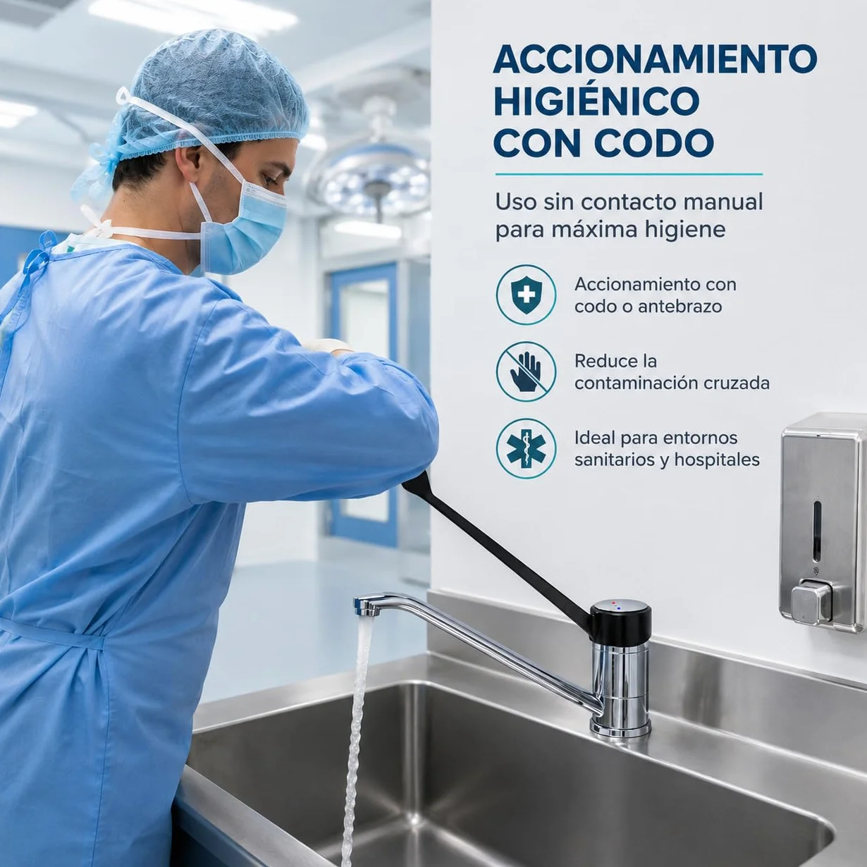 GOLDMAN SERVICE | Grifo de Codo Gerontológico Monomando, Palanca Larga 30 cm, Caño 360°, Grifo Sanitario e Higiénico para Hospitales, Clínicas, Laboratorios y Cocina Profesional