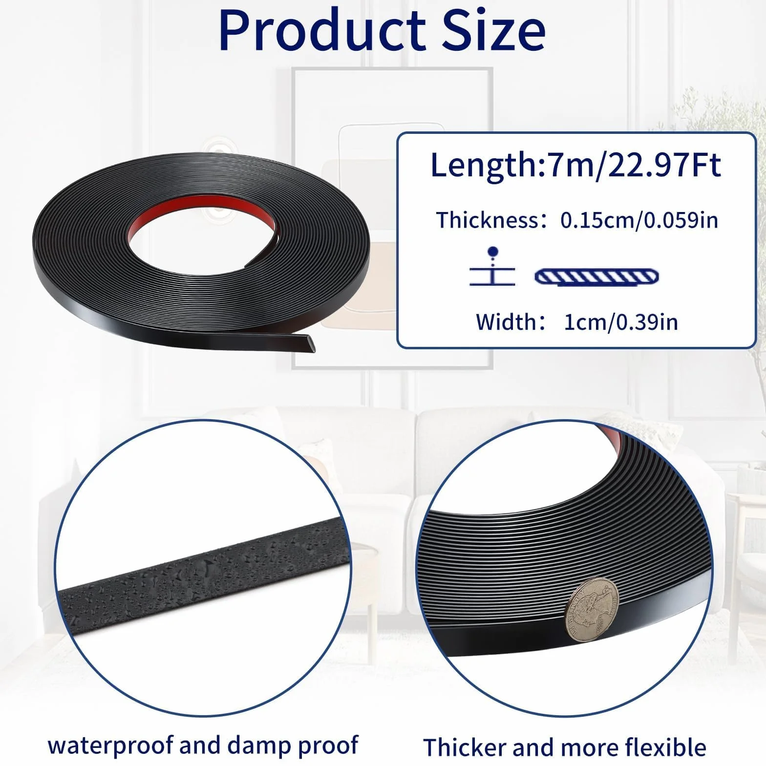 Molduras de Pared Autoadhesivas PVC Flexible 7 m x 1 cm Negro para Decoración de Espejos Ventanas