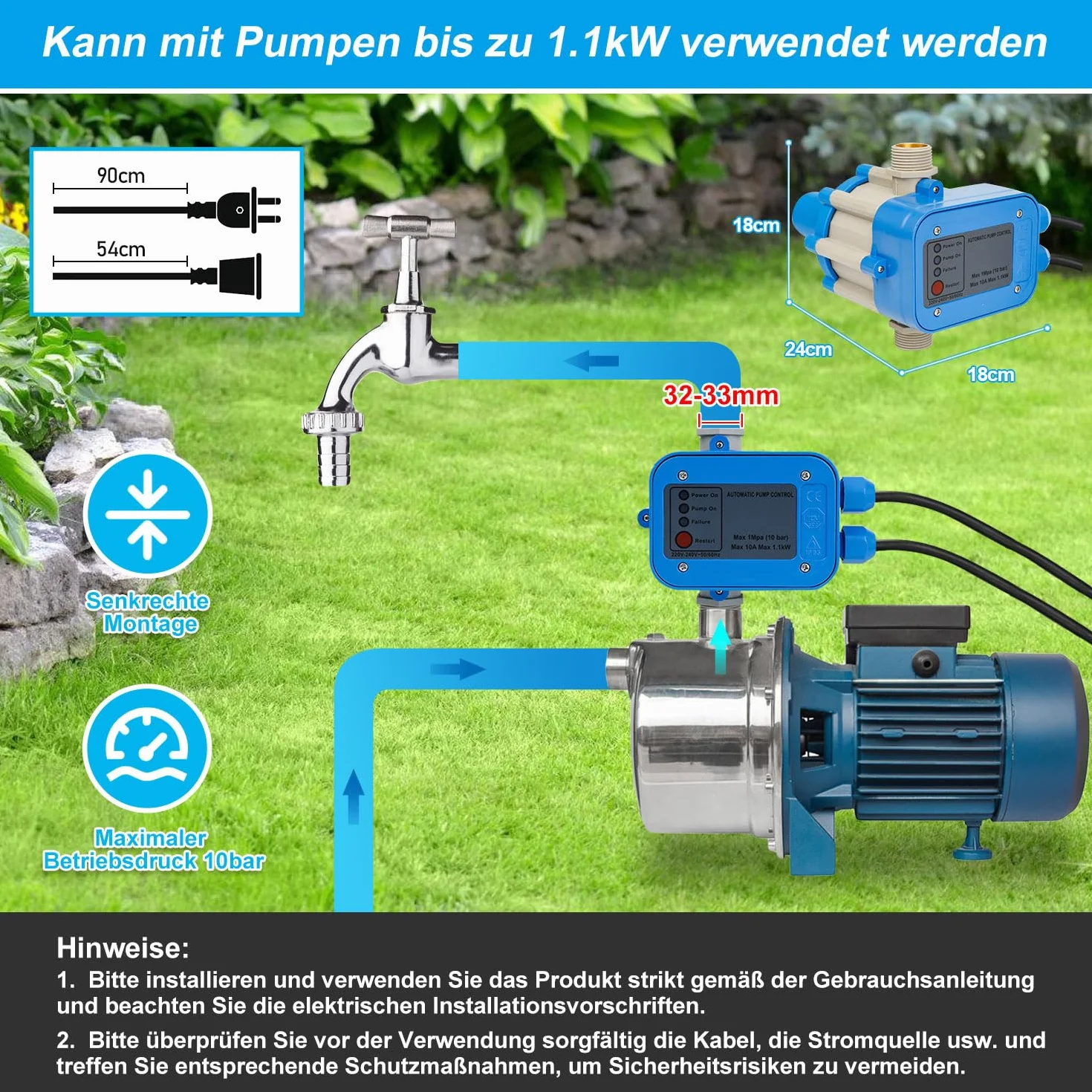 Control electrónico de la bomba 1100 W 4800 l/h - Presostato para agua - Controlador de presión de 10 bar - Interruptor de presión IP65 para bombas de agua - Supervisa el flujo de agua (1,5
