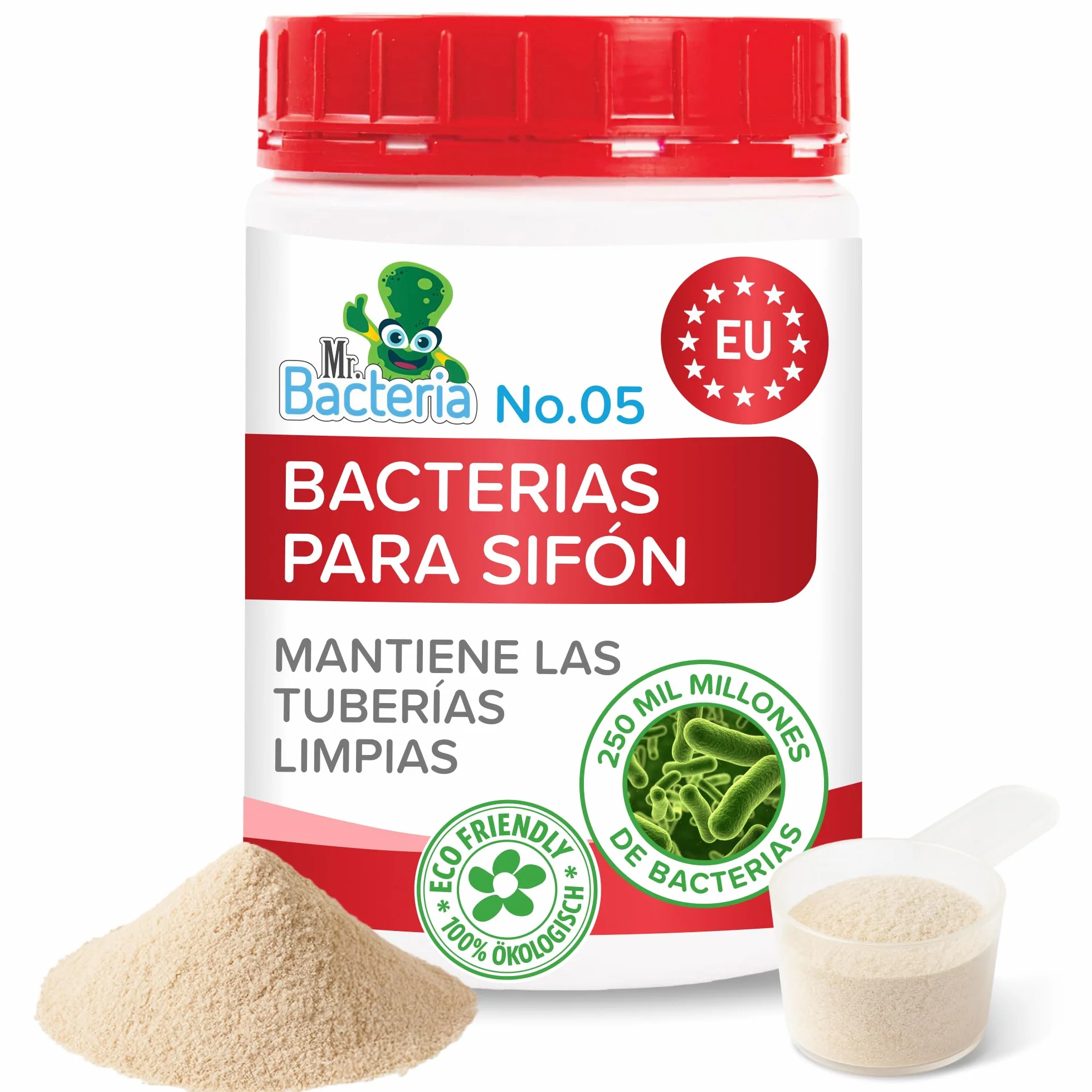 Mr. Bacteria No. 5. Limpiador de desagües y tuberías, para ducha, bañera, lavabo, sifón, sin cloro y sin olores, desatasca y Limpia Eficazmente Tuberías y Desagües Atascados 500g (1)