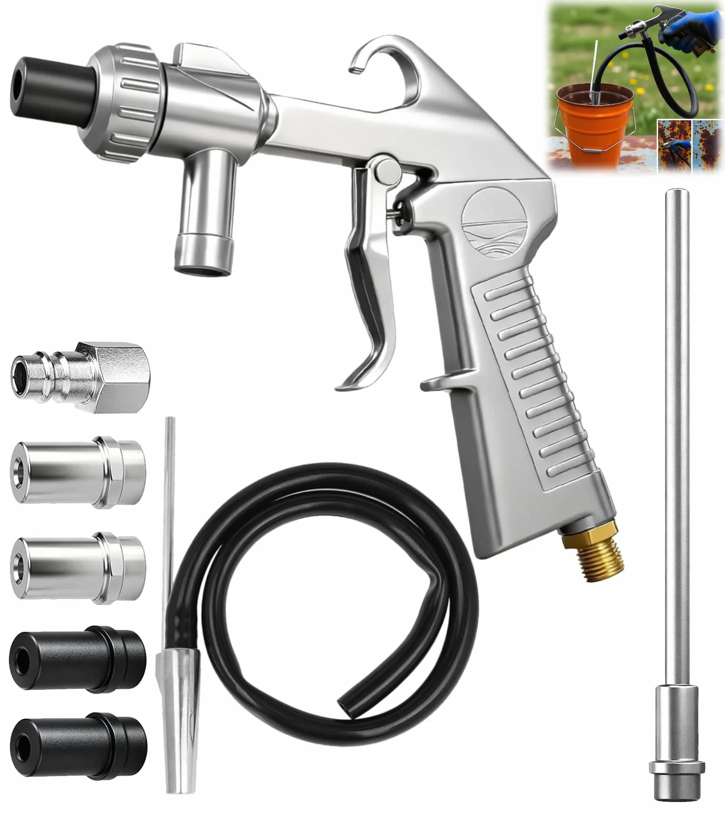 Juego de pistola chorro de arena con boquilla larga, calibre 5 mm/6 mm, transportador de succión, manguera de goma de 1 m, conexión de entrada de aire, desengrasante y agente de limpieza