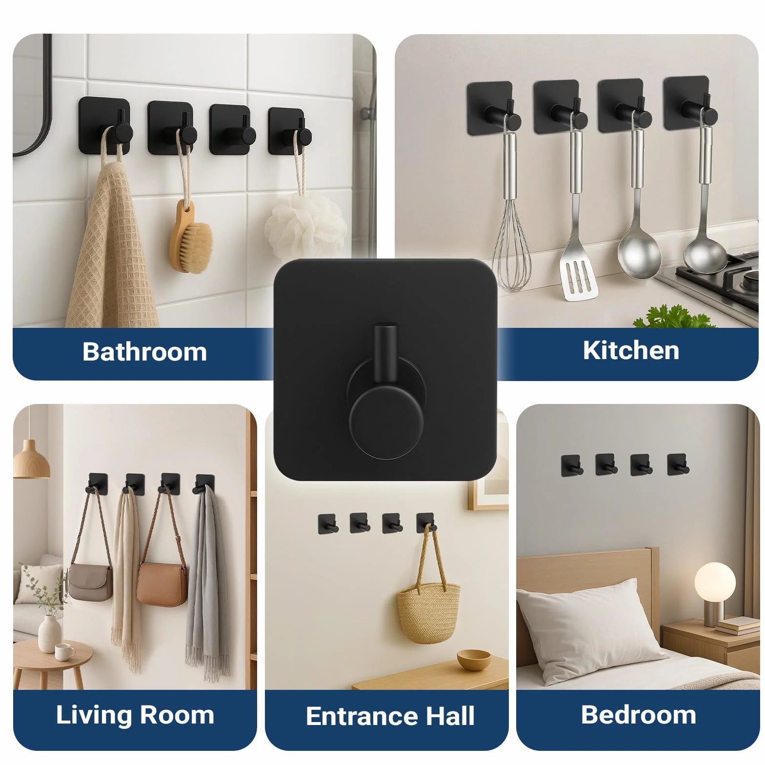 6 Ganchos Adhesivos para Pared Colgadores Adhesivos sin Taladro de Acero Inoxidable 304 con Soporte 10kg Adhesivo 3M Resistente al Agua y óxido para Baño Cocina y Sala Negro 4.5x4.5x2.7cm