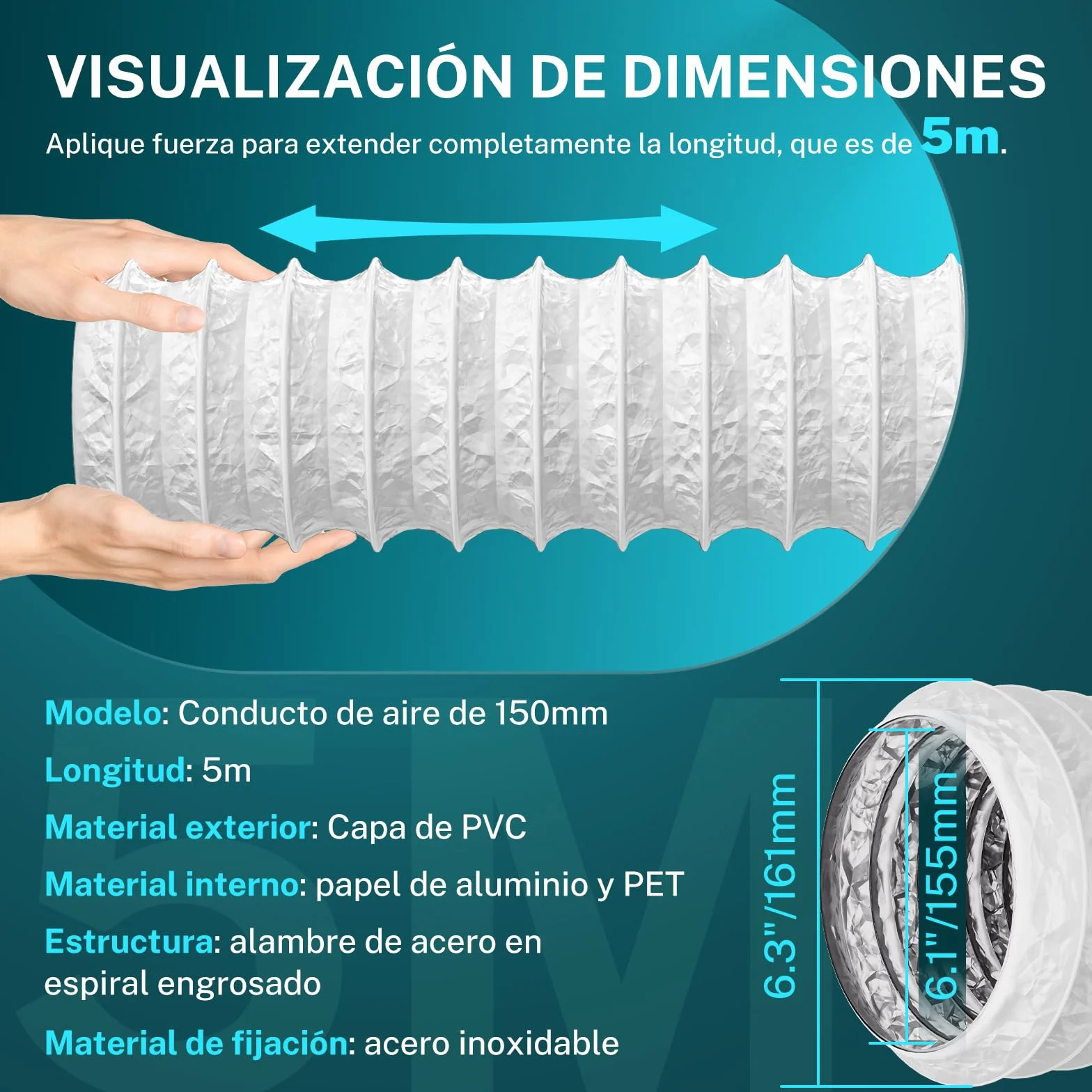 HG Power Manguera de Ventilación 150 mm, 5 m Manguera de Escape de Aluminio, PVC Conductos de Ventilación para Extractores, Climatizadores, Secadoras, Campanas Extractoras, Blanco