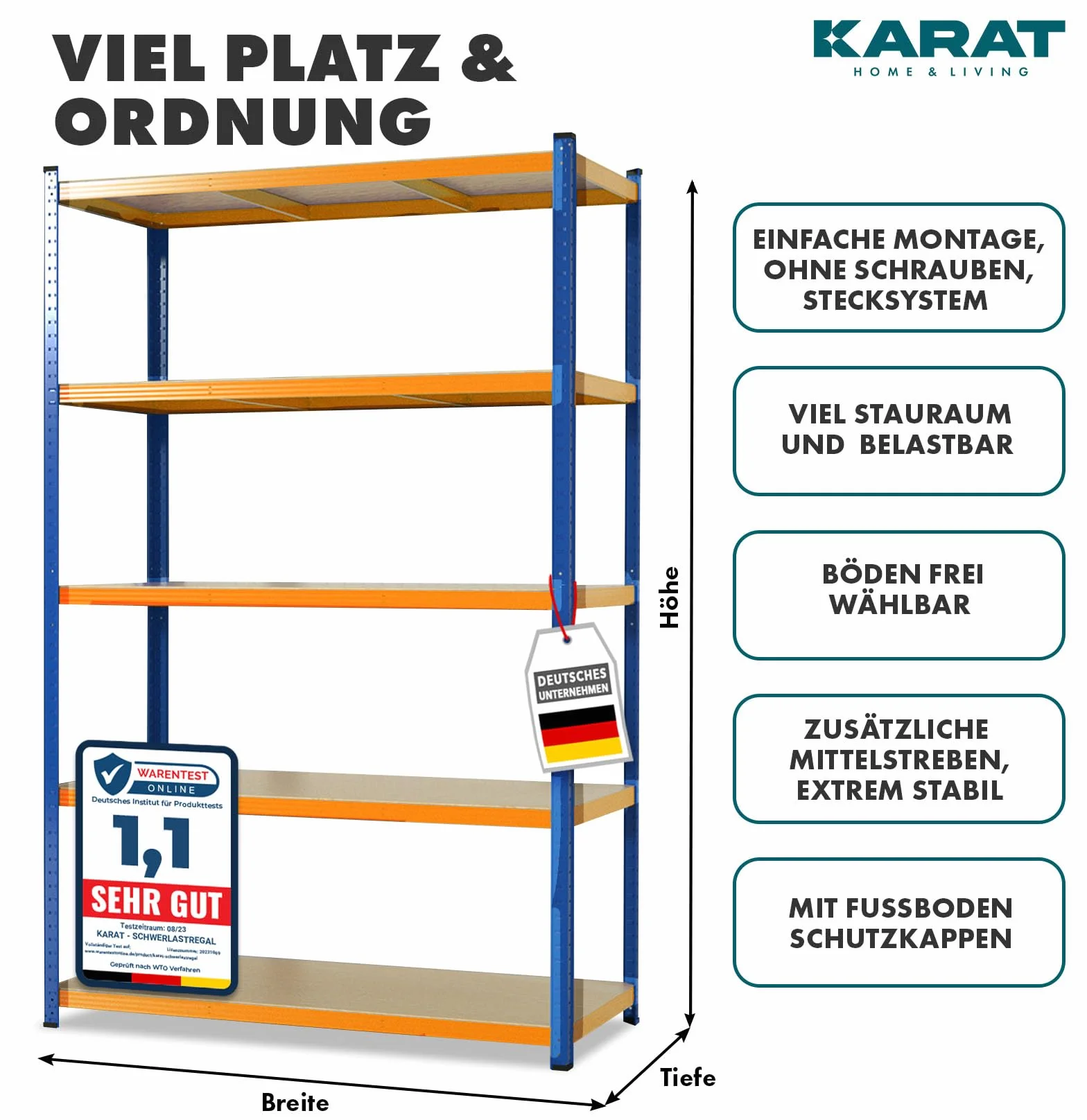 KARAT Estantería de metal para cargas pesadas, 180 x 90 x 60 cm, 5 estantes ajustables (azul y naranja)