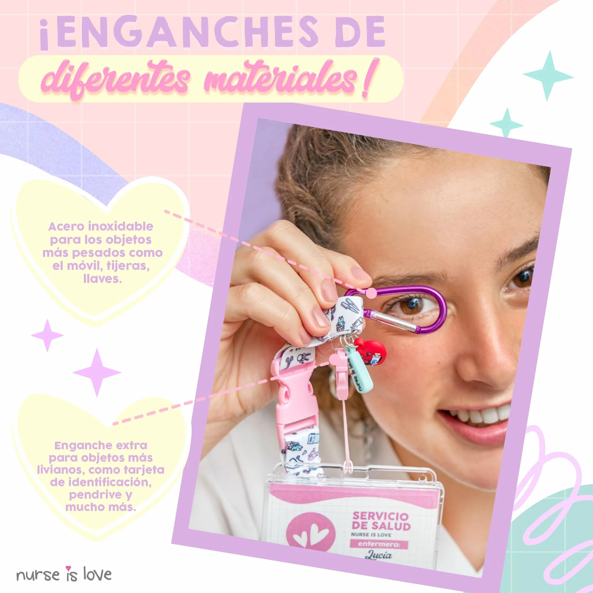 Personalized Nurse Lanyard with Clip and Carabiner for Keys, Scissors, ID Card Holder | Enfermera Accesorios