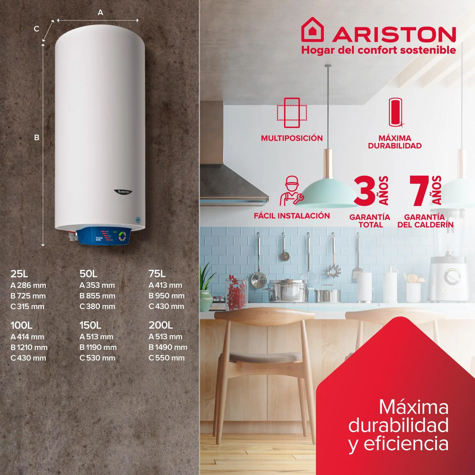 Ariston, Fleck Bon - Termo Eléctrico 50 Litros, Calentador de Agua Eléctrico Horizontal/Vertical Seguro y Eficiente 35.3x38x85.5cm, Calentadores para Instalación en España - Eficiencia B, Rango (A+/F)