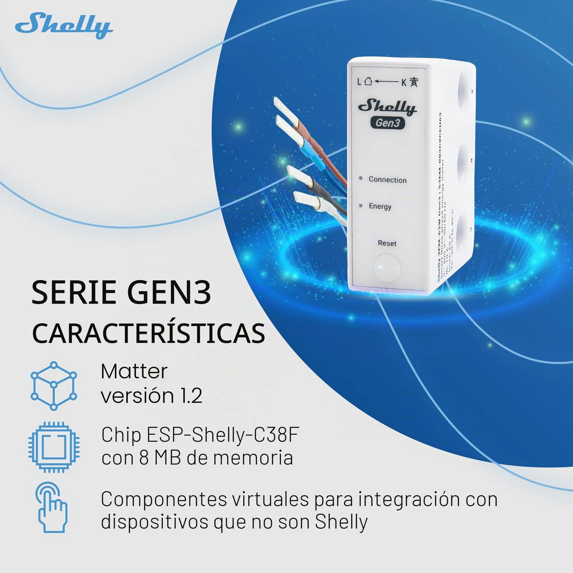 Shelly 3EM-63W Gen3- Wi-Fi & Bluetooth, Supervisión de Energía, Medición de Corriente Sin Contacto, Compatible con Fotovoltaicos, Instalaciones Trifásicas o Monofásicas, Reloj en Tiempo Real, iOS