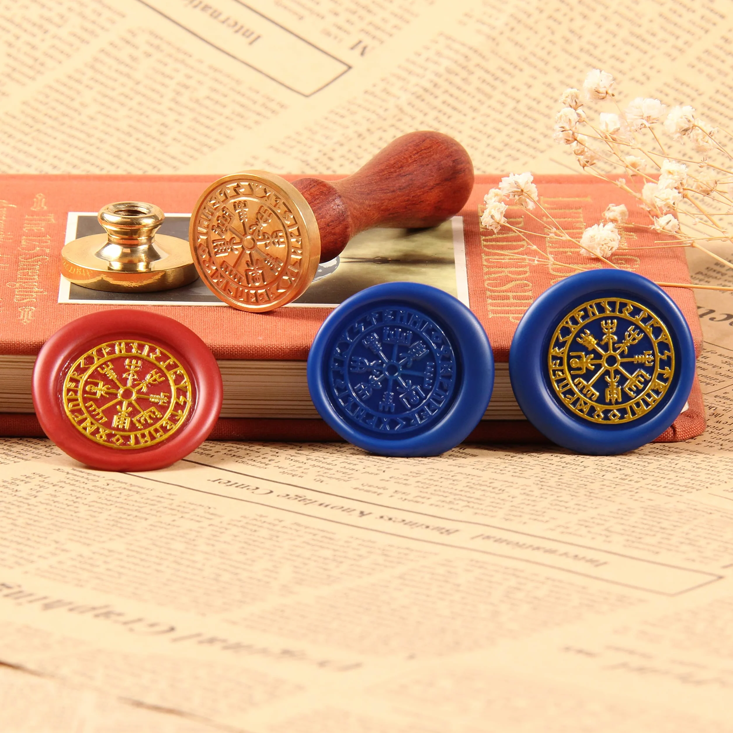 Vegvisir - Sellos de cera de brújula vikinga para sellado de hechizos de runas nórdicas, 25 mm/1 pulgada, cabeza de sello original vintage con mango de madera