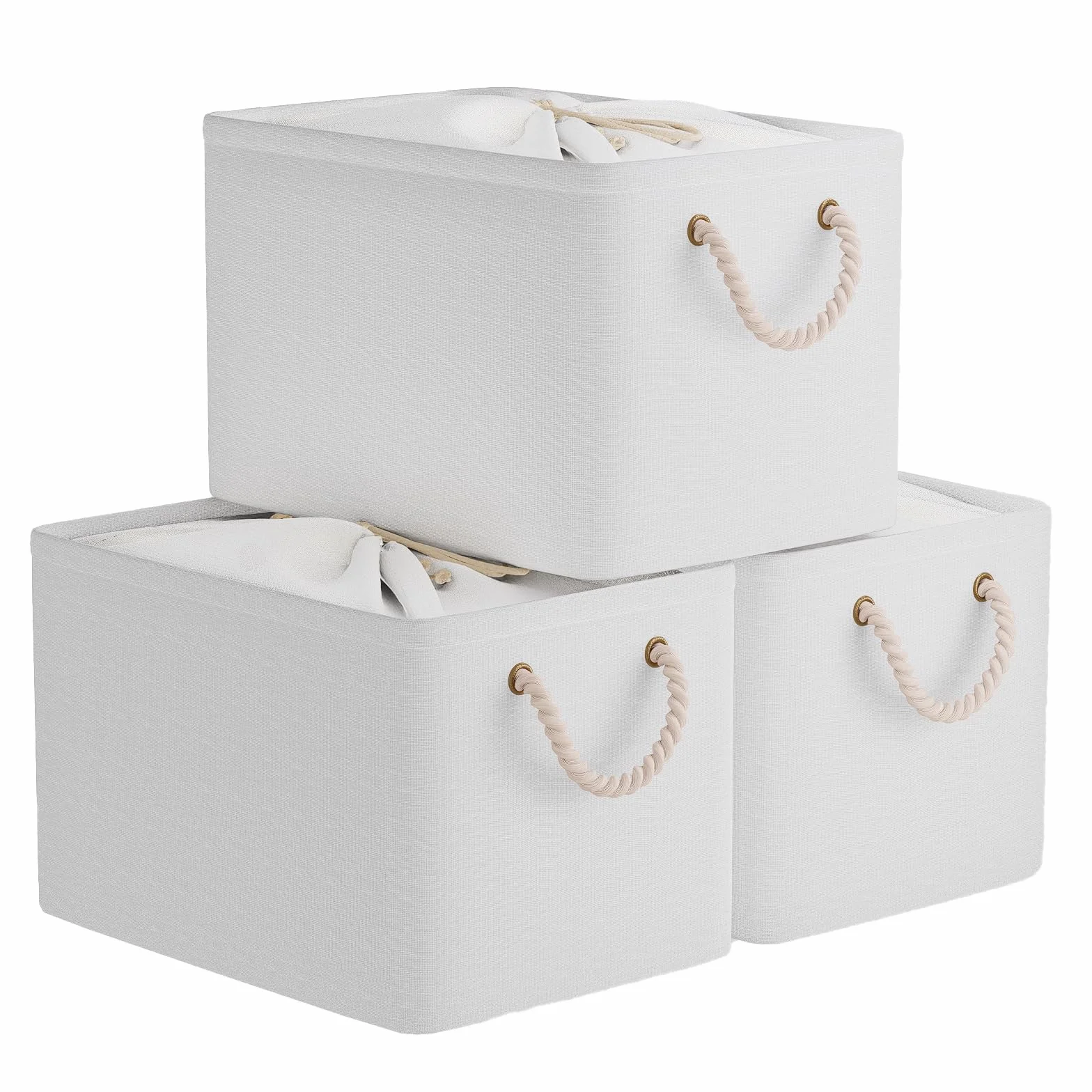 OUTBROS Juego de 3 Caja de Almacenaje plegable, 38 x 28 x 26 cm Cesta de Almacenamiento grande de tela con asas de transporte y cubierta de cordón para toallas, ropa, Blanco puro