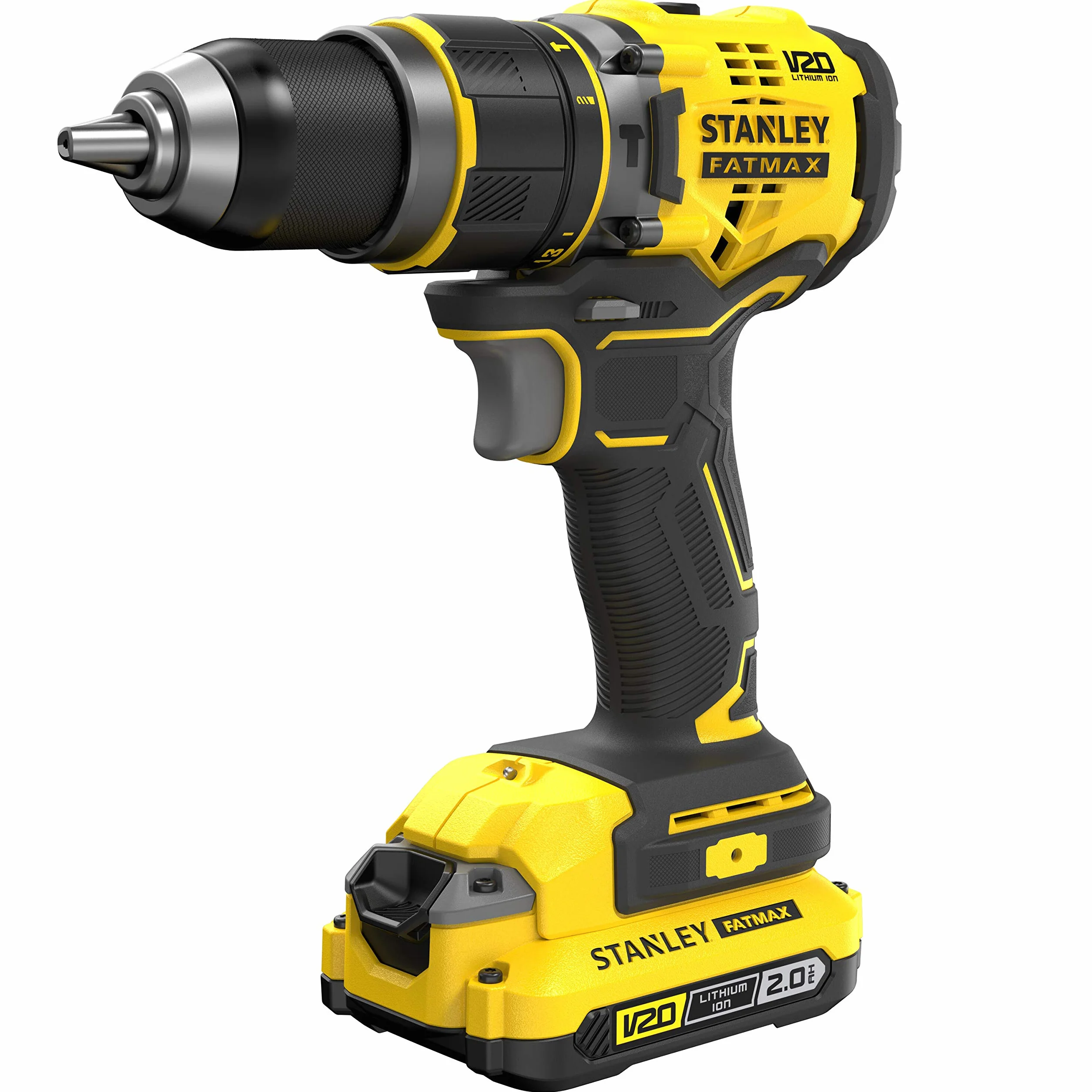 STANLEY FATMAX Taladro Percutor Sin Cable V20 (18V), Motor Sin Escobillas, 80Nm, 2 Baterías 2Ah, Cargador, Maletín, Portabrocas Metálico 13mm, 14 Posiciones de Par, SFMCD721D2K-QW