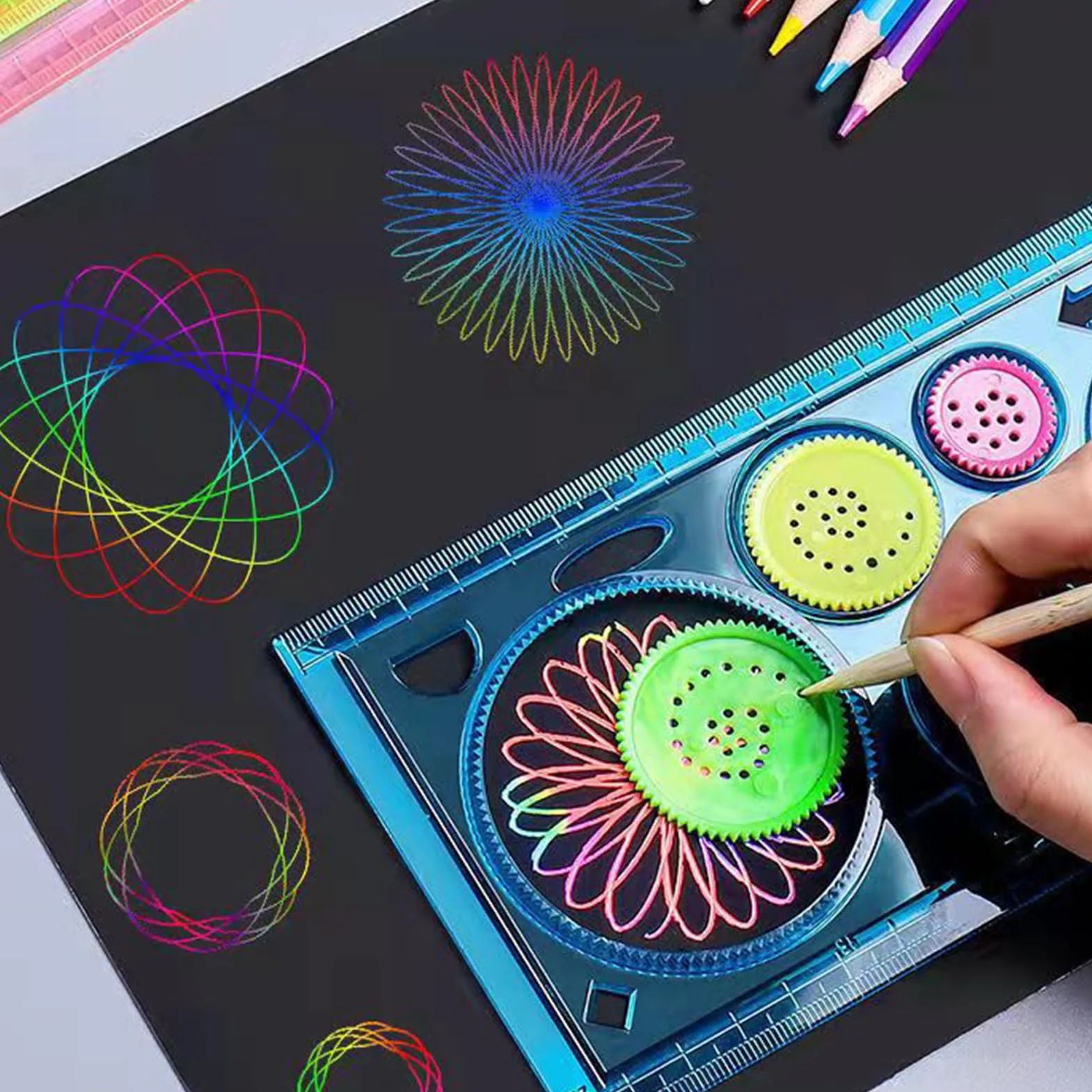 Reglas Geométricas y Plantillas de Círculo 7 Piezas para Dibujo, Regla Plástica, Herramienta de Medición Niños Azul