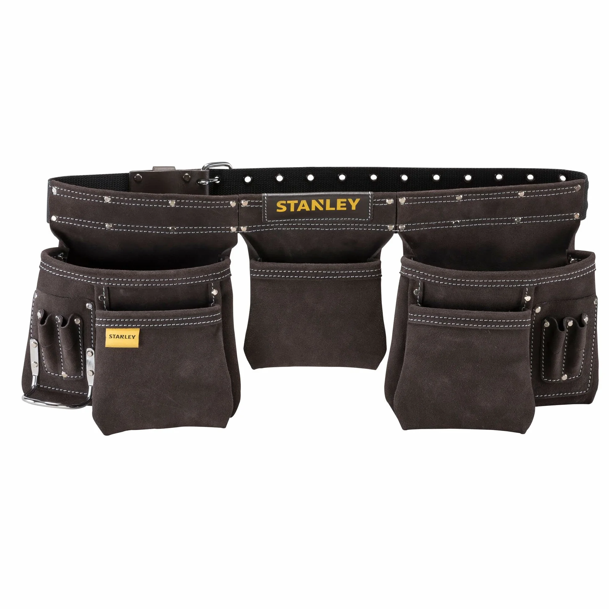 STANLEY Delantal Portaherramientas de doble cinturón, Múltiples bolsillos, Piel de primera calidad, Refuerzo de remaches, Doble costura, Dimensiones: 145 x 9 x 26 cm, STST1-80113