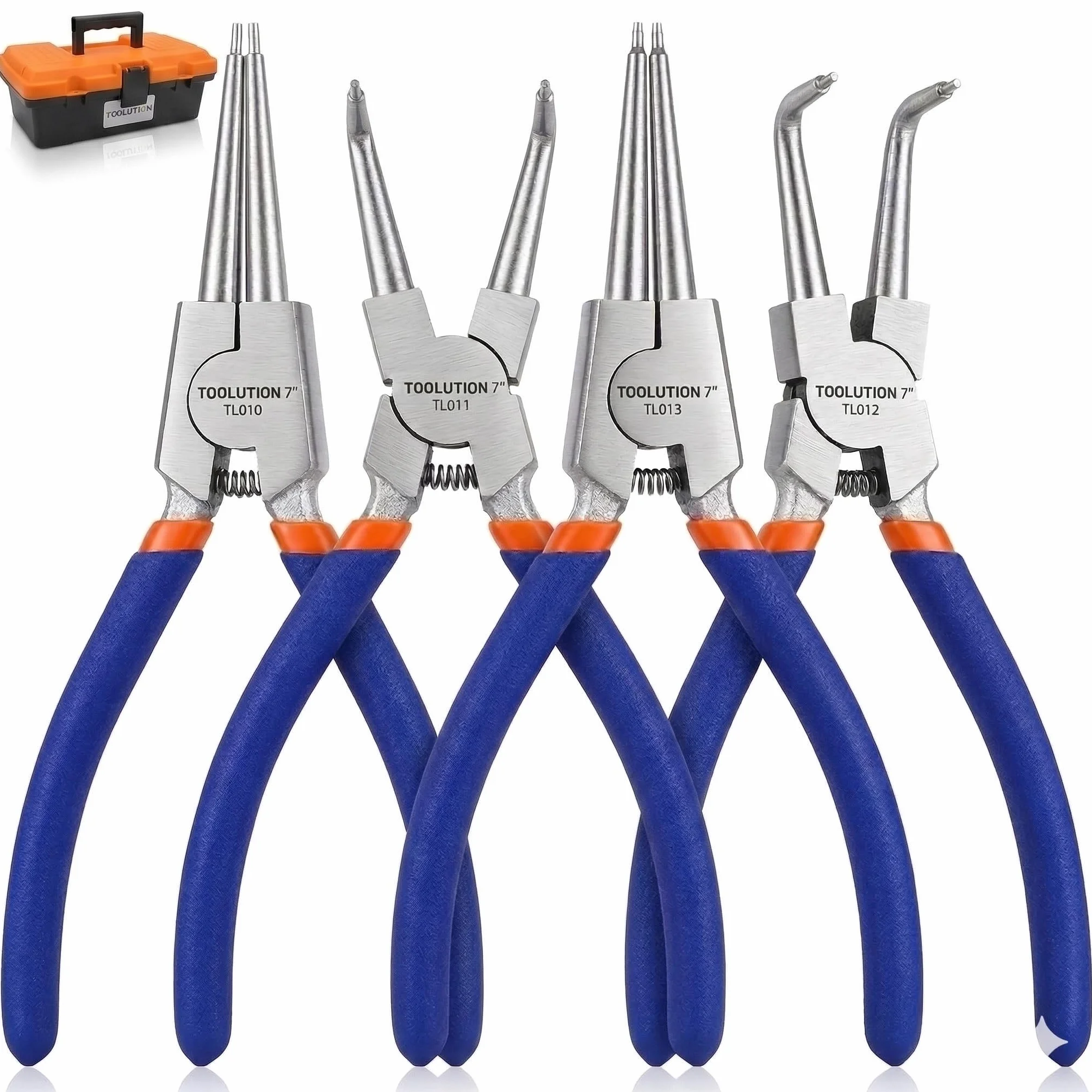Juego de 4 Alicates Circlip 7″ – Alicates Anillos Interno/Externo Rectos y Curvados, Acero 45, Acabado Electrocromado