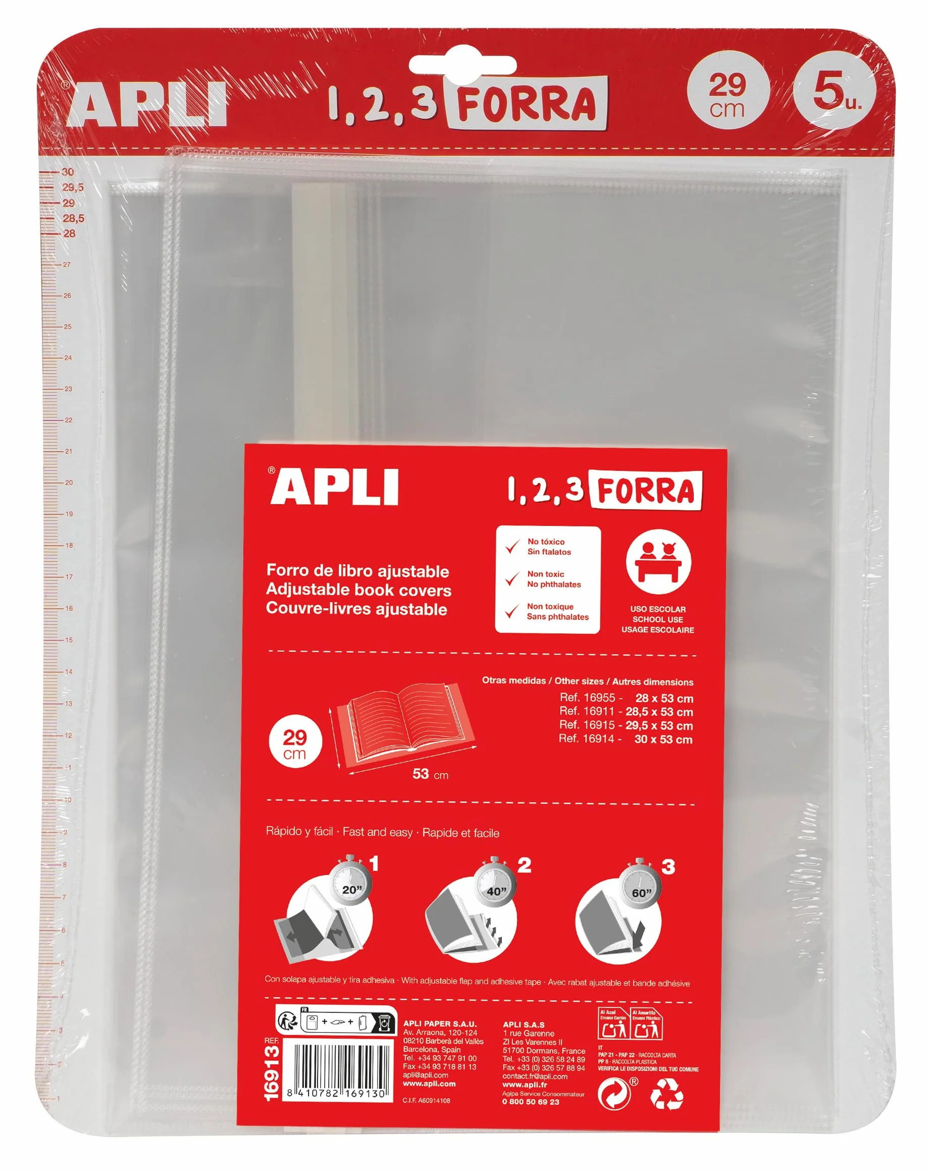 APLI Forro de libros con solapa ajustable polipropileno 29x53 cm 75 µ Pack 5