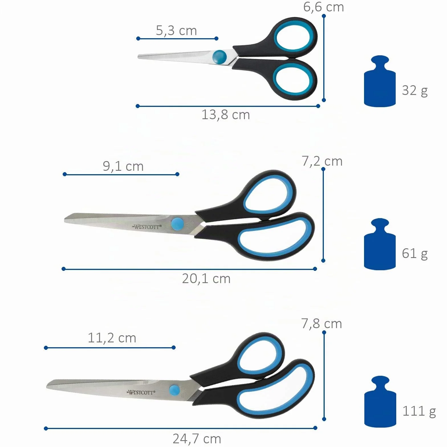 Westcott Easy Grip Set de tijeras 3 unidades azul negro