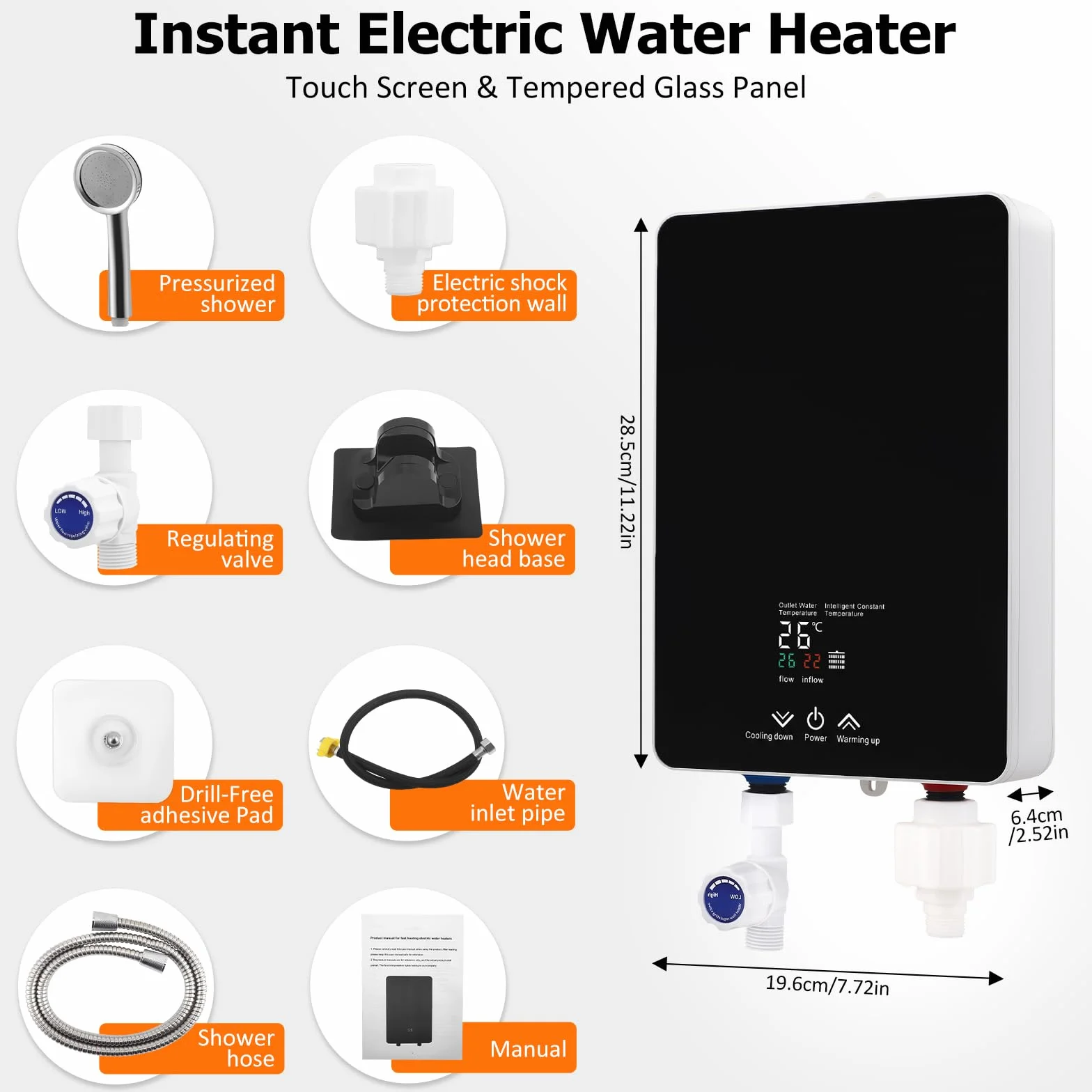 Calentador instantáneo de 5500 W, 230 V para ducha y cocina | Mini calentador de agua eléctrico con pantalla LED de temperatura y cabezal de ducha | Protección contra salpicaduras IPX4 para baño