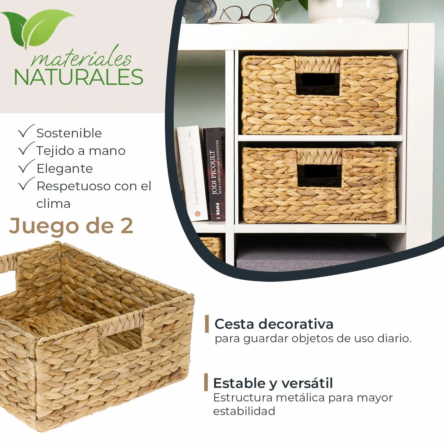 HMF cesta de almacenaje compatible con KALLAX medio compartimento, cesta tejida de jacinto de agua con asas Juego de 2 30x34x15 cm Natural