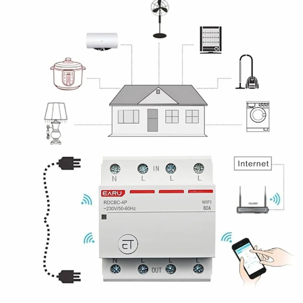 Disyuntor de circuito WiFi trifásico con control remoto con interruptor temporizador y voz, corriente nominal 63A 80A, 3P+N polos, soporta escenas de hogar inteligente (63 A)