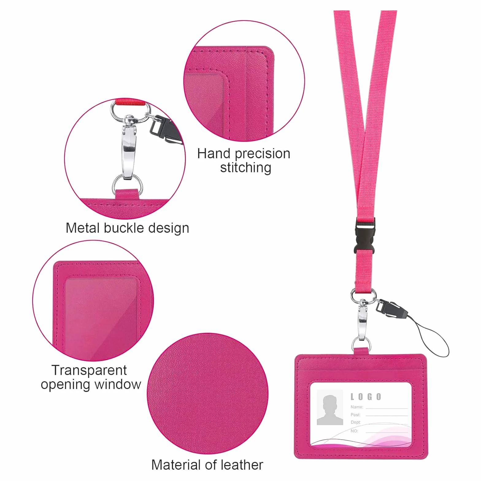 Vicloon Cordón para el Cuello con Colgantes de Tarjetas de Identificación, Id Card Badge Holder de Cuero, Doble Cara, Rosa Roja