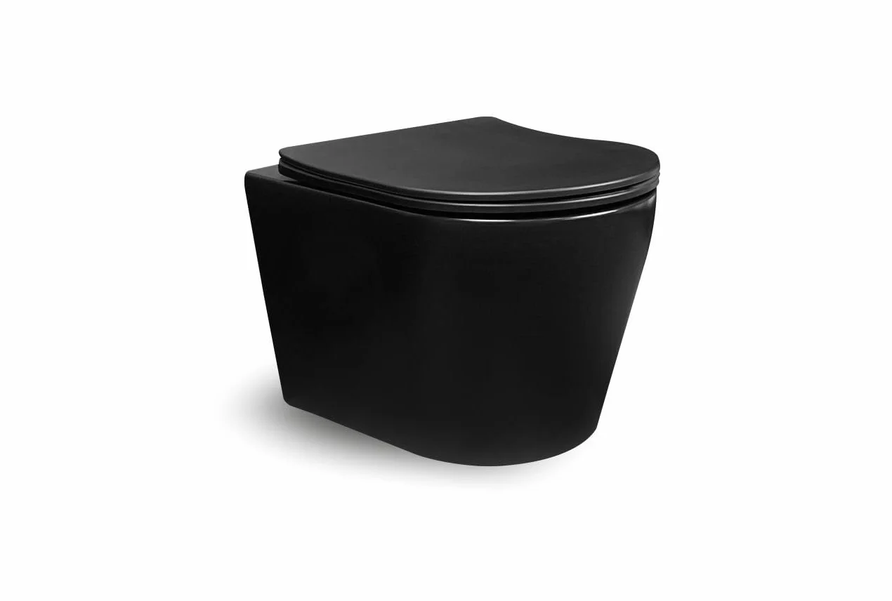 WC suspendido en la pared con tapa de cierre suave y tapa ultrafina, inodoro redondo flotante de cerámica de alta calidad (negro mate)