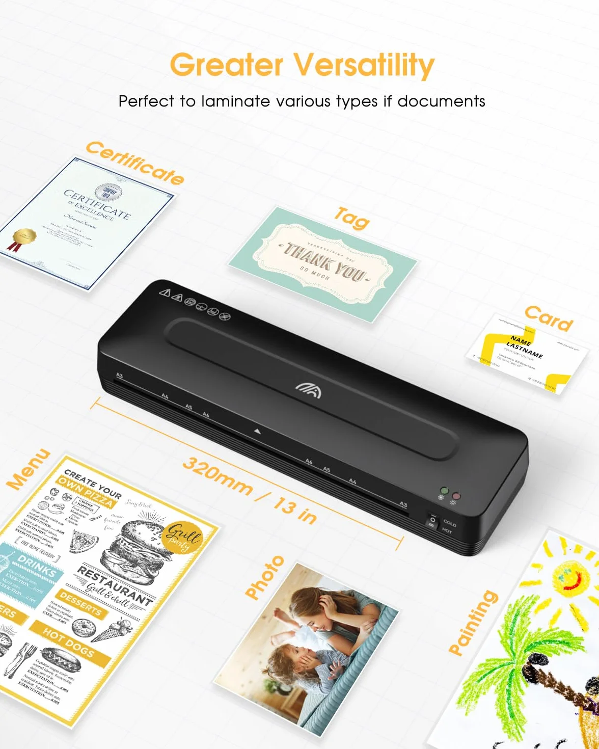 Crenova Plastificadora A3 con Guillotina, Modo Frío y Caliente, Laminadora con 10 hojas de plastificación, Ideal para Colegio Oficina Estudio Fotográfico, Negro