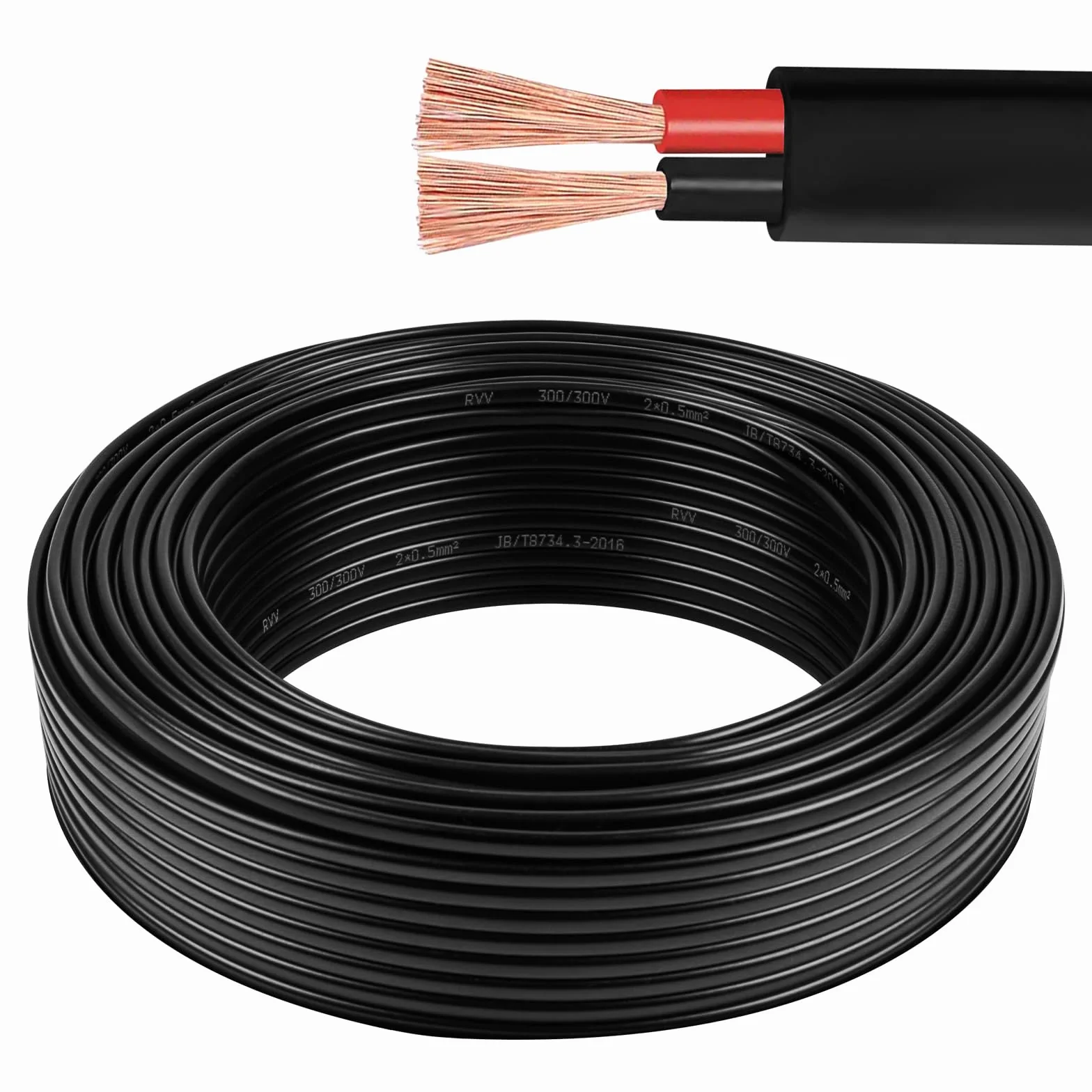 Cable Plano Gemelo de 2 Núcleos 2×0,5 mm² Cobre 5V 12V 24V 60V para Barco Automotriz Rojo/Negro