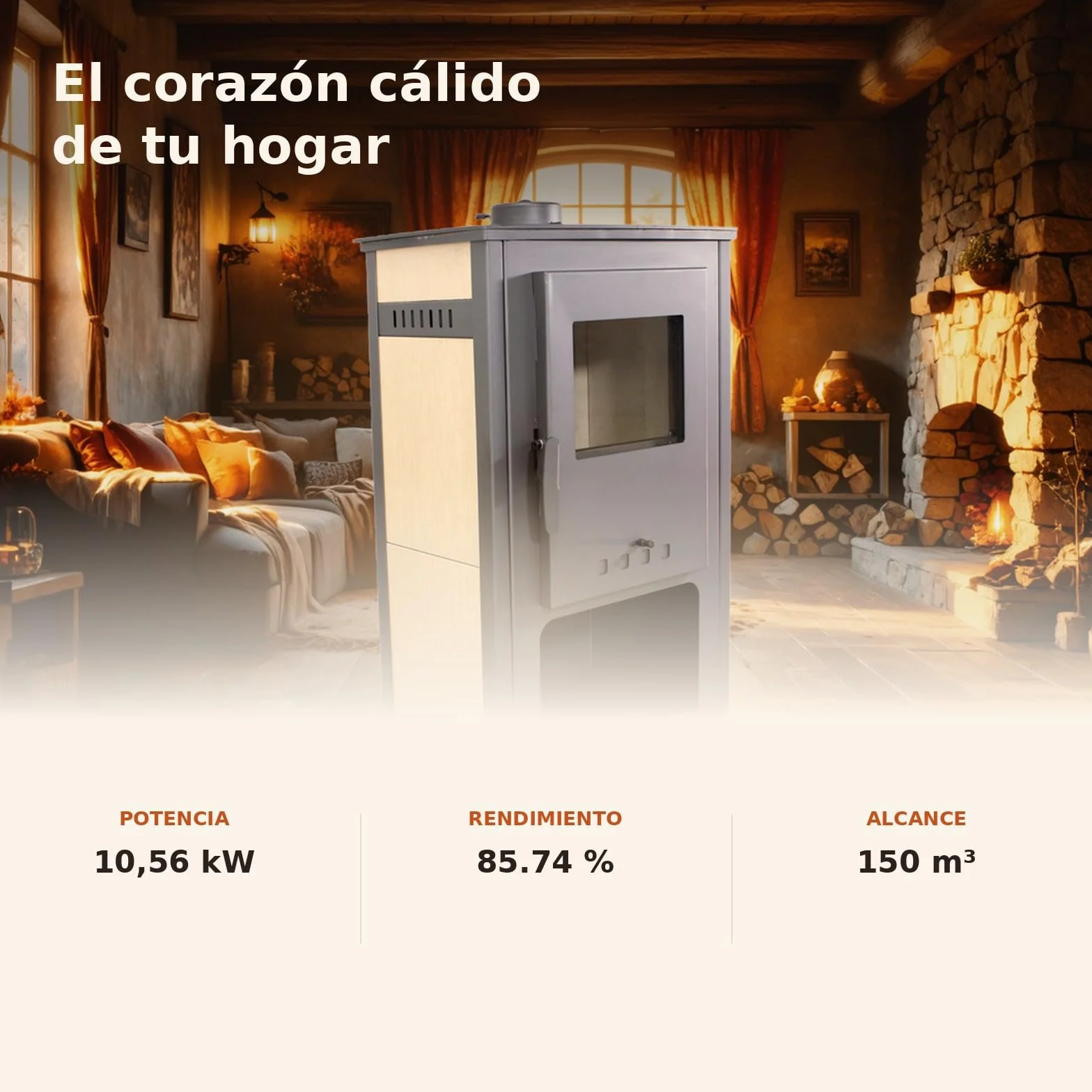 EIDER BIOMASA Estufa de Leña SAMIRA – 10,56 kW – Rendimiento 85,74% – Hasta 145.0 m³ – Doble Combustión – Certificada CE