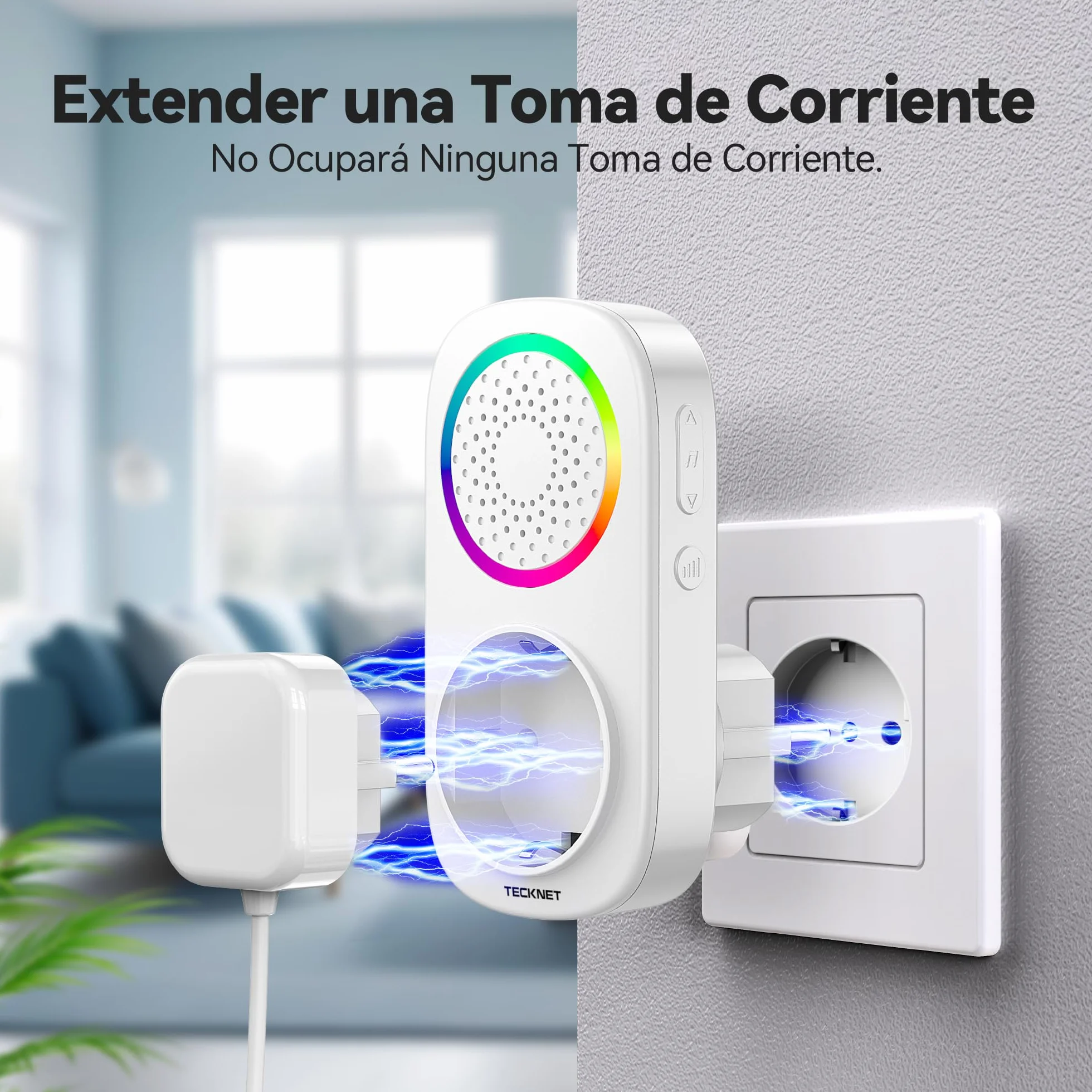 TECKNET Timbre Inalámbrico, 300M RGB Timbre Inalámbrico Autoalimentado, IP65 Timbre Electrónico Impermeable con 60 Melodías, 5 Niveles de Volumen y Flash LED para Hogar Oficina Hotel