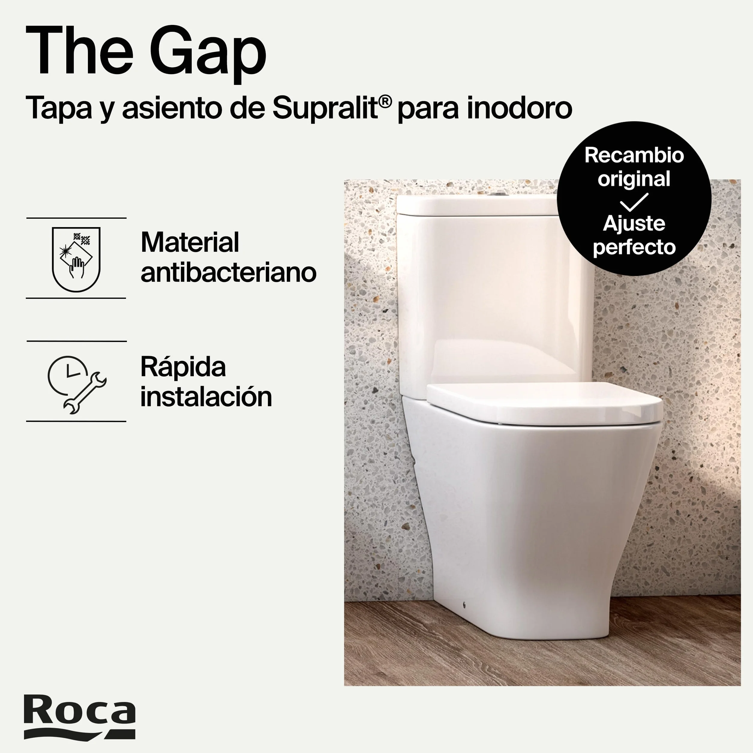 Roca The Gap - Tapa y asiento de Supralit para inodoro de tanque bajo, tapadera de WC original con ajuste perfecto, recambio de tapa de váter resistente, blanco, A80147000B