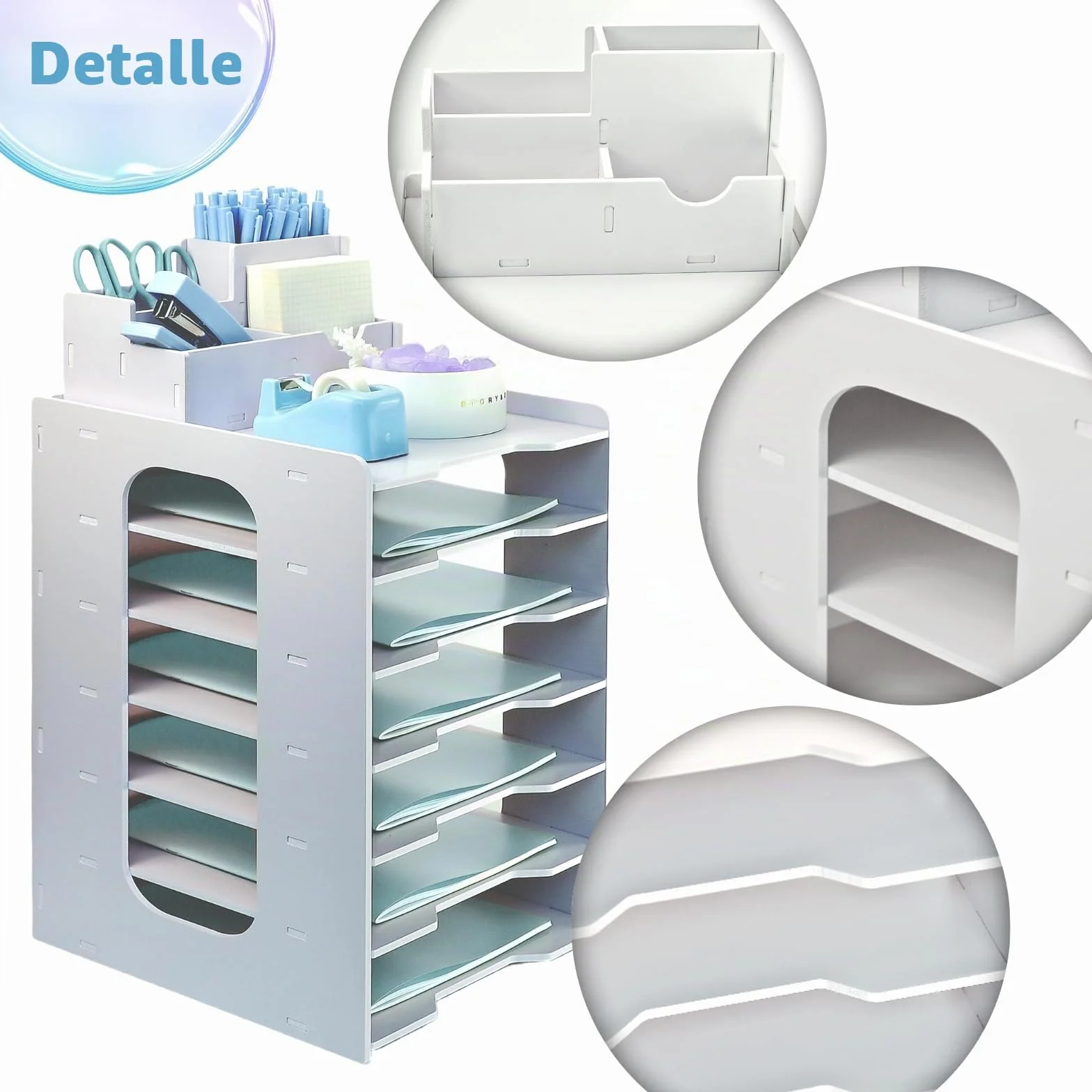 Organizador Escritorio 7 Niveles A4 Bandejas Apilables Malla Metalica con Portalapices