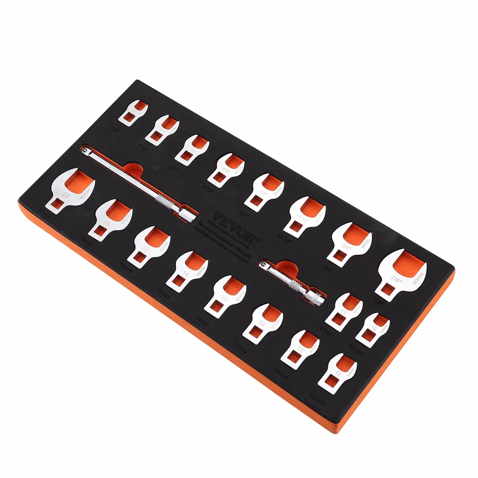 VEVOR Juego de llaves de pie de cuervo, 20 piezas, accionamiento de 3/8", métrico 10-22 mm SAE 3/8-7/8", llave de palanca de acero 40Cr, 2 barras de extensión para reparación de llaves dinamométricas