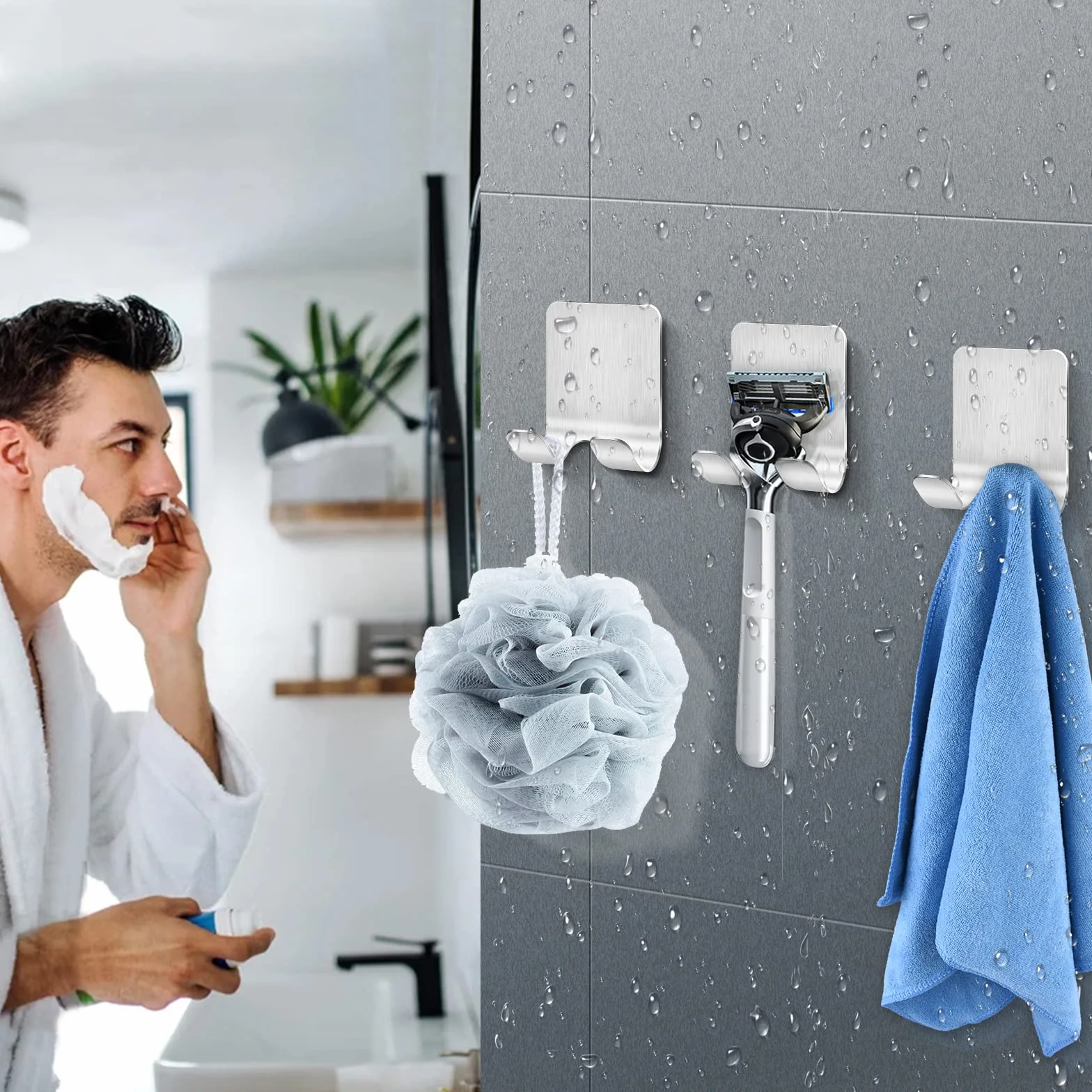Bolatus 2 unidades de soporte para afeitadora de ducha, gancho autoadhesivo, soporte de afeitado para ducha, acero inoxidable, gancho para toalla, gancho para toallas sin taladrar, ganchos de pared