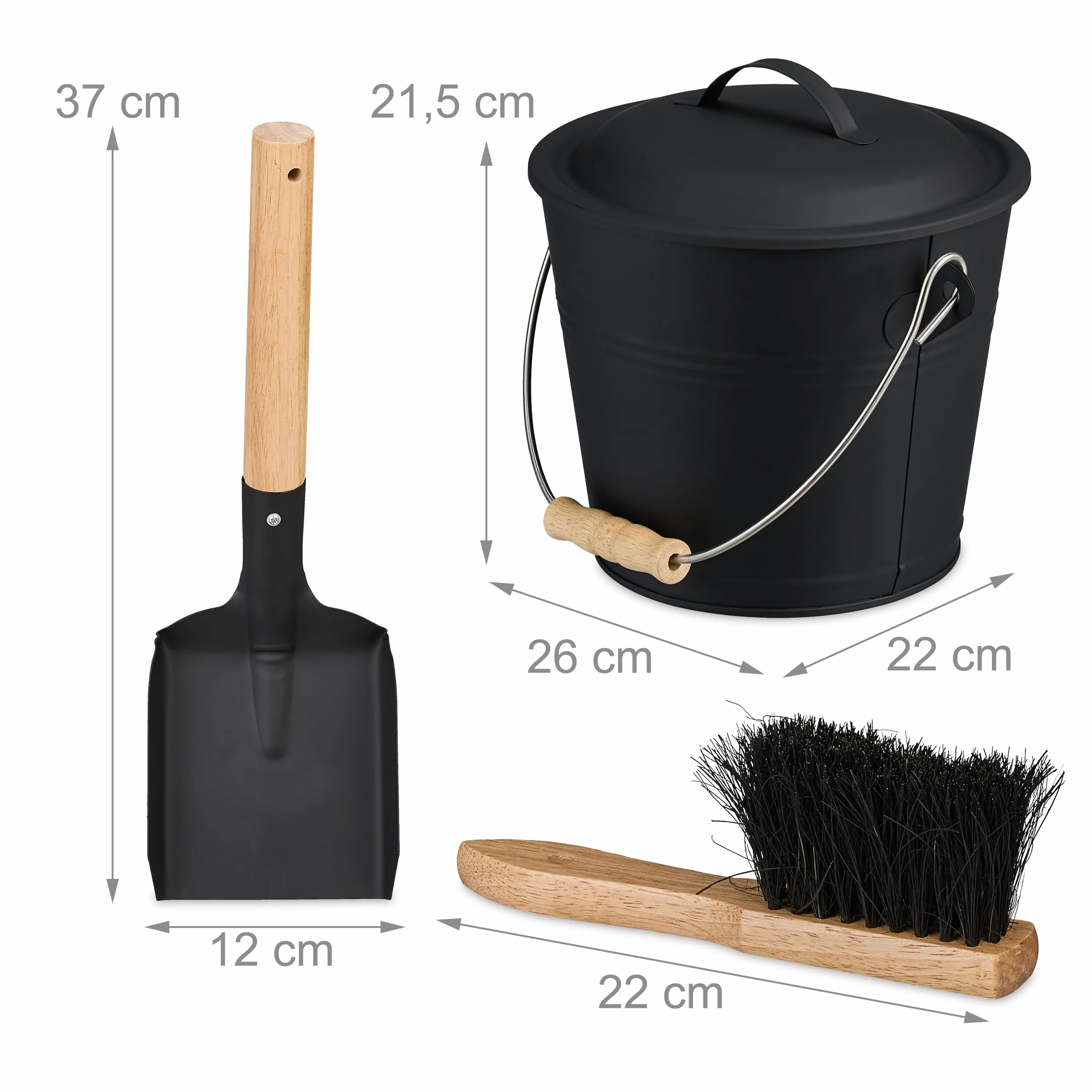 Relaxdays Cubo para Cenizas con Tapa y Set, 4,5 L, Incluye Cepillo y Recogedor, Contenedor de Carbón con Asa, Negro