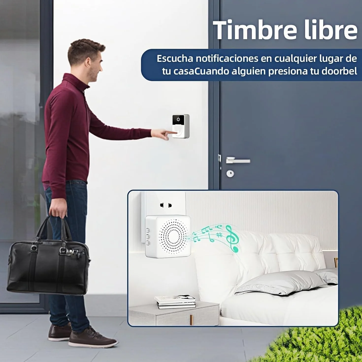 Timbre Inalámbrico Exterior con Cámara HD 1080P - Videoportero WiFi Visión Nocturna Audio Bidireccional