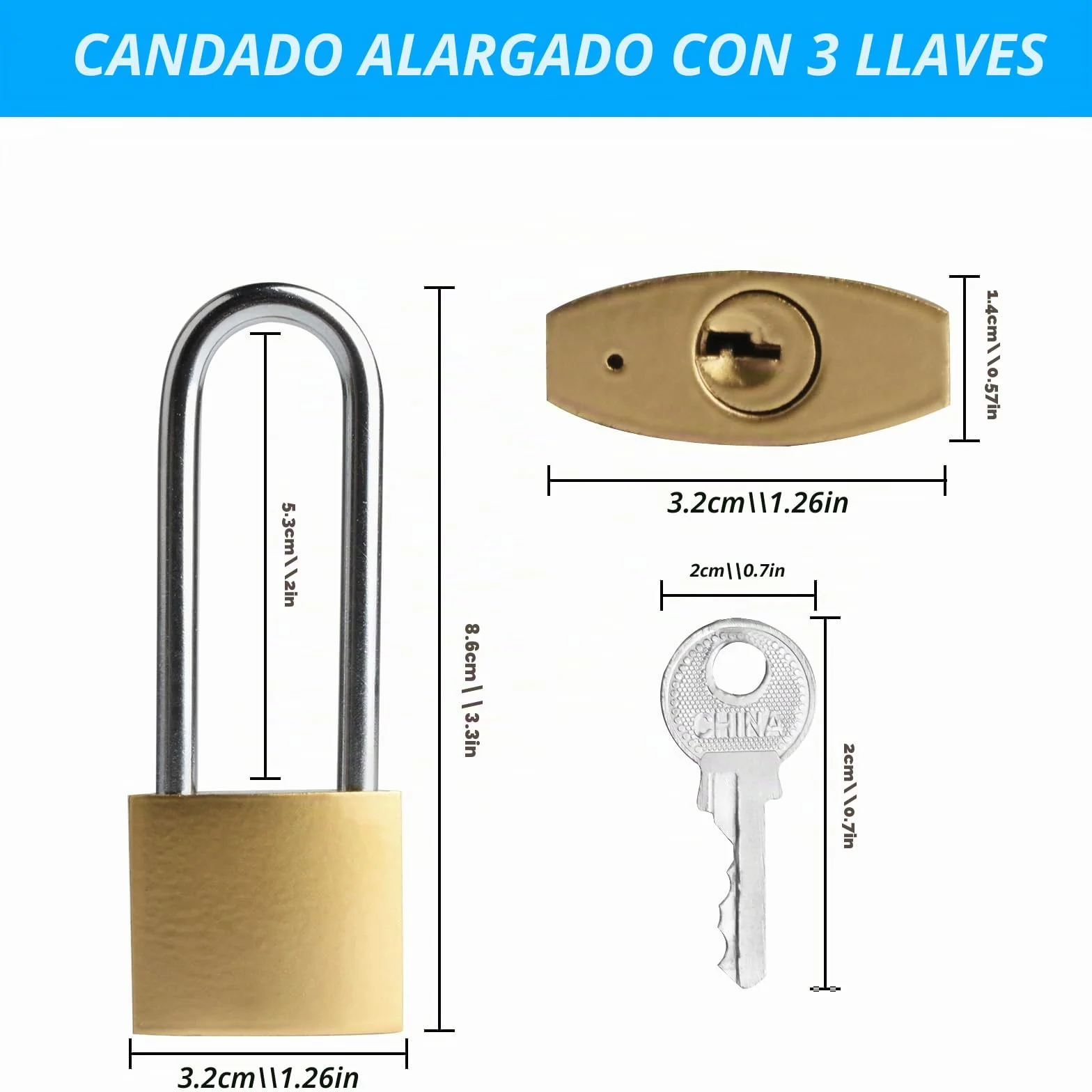 Pack de 4 candados con grillete largo, candado de 32 mm, con llaves iguales, candados con llave, cerradura de seguridad para equipaje, armarios, taquillas, cerradura para maletas