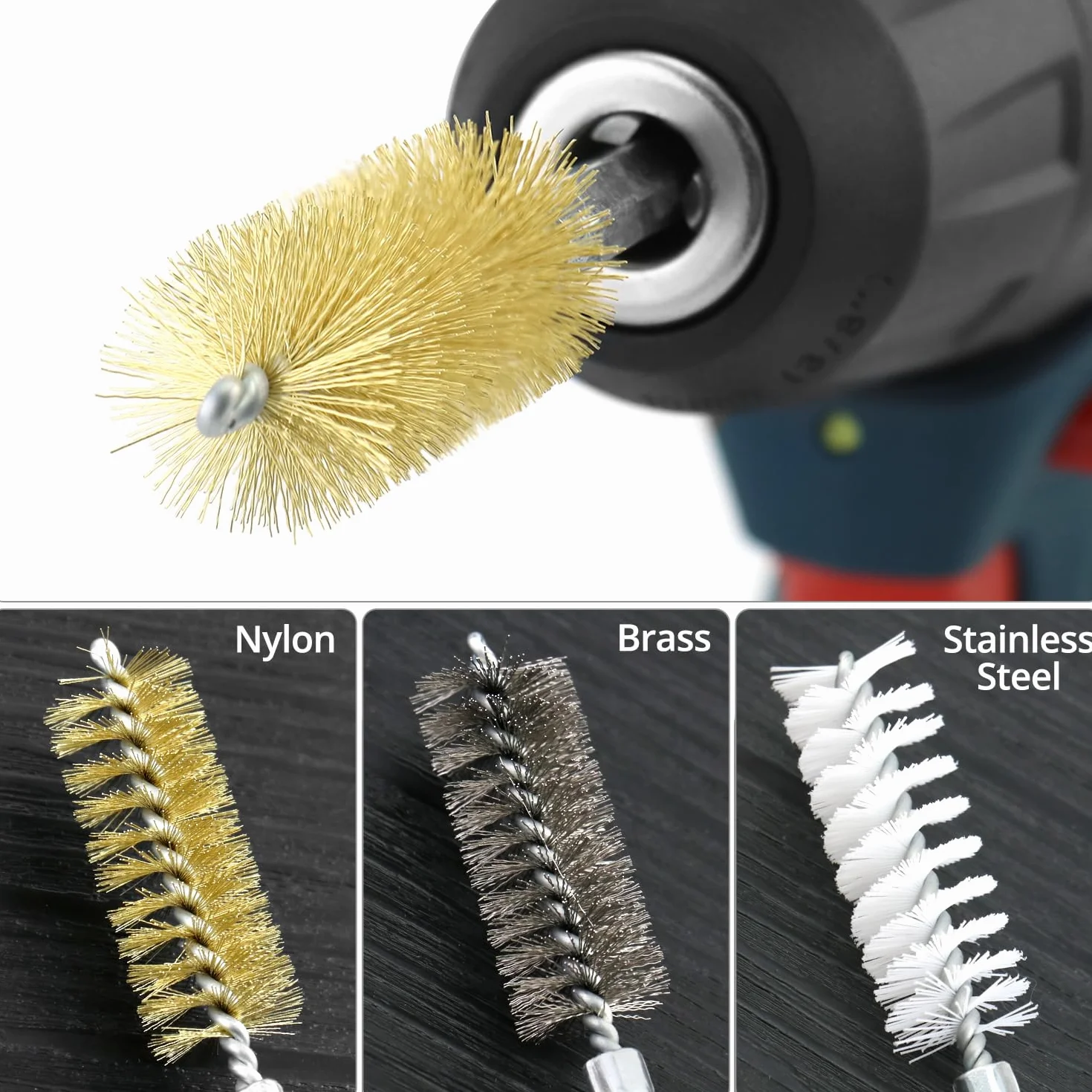 QWORK® 38 uds. Juego de cepillos redondos de nailon/acero inoxidable/latón, cepillos limpiapipas limpia-inyectores Ø8-19 mm con extensión de 150 mm para limpieza y desbarbado