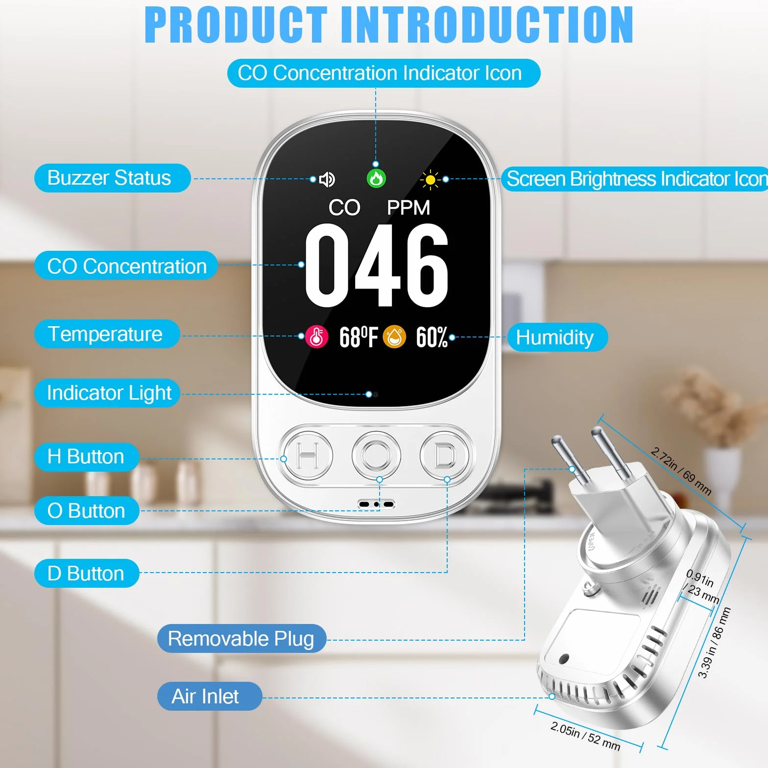 YOJOCK CO-Melder, Detector de Monóxido de Carbono 3-en-1 con Sensor de Temperatura y Humedad, Detector CO para Casa, Camper, Apartamento, Sótano, Taller y más, Certificado EN 50291 (Blanco)