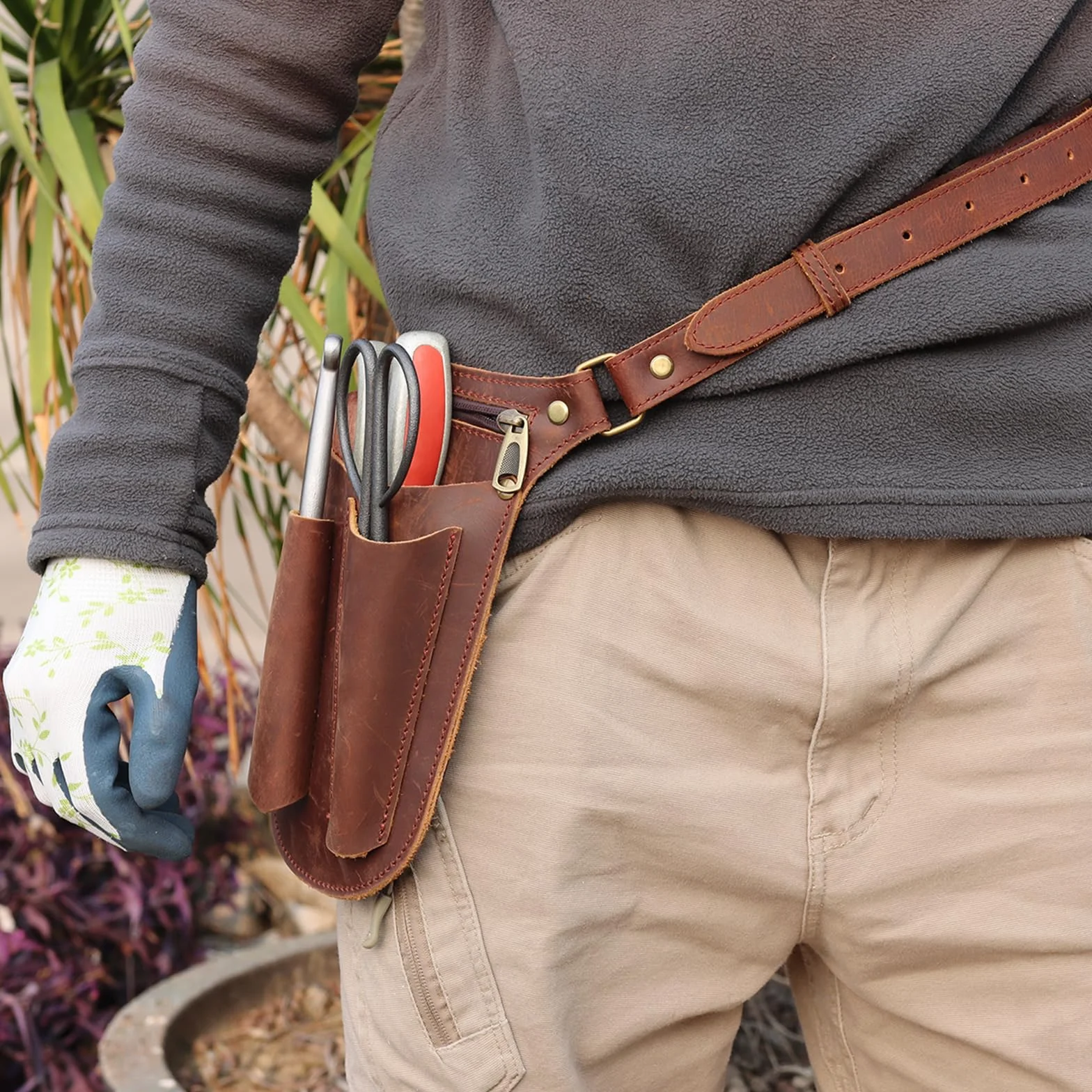 TOURBON Cinturón de herramientas de jardín de cuero genuino para hombres y mujeres, bolsa de Gandening, organizador de floristería, bolsa de jardinero