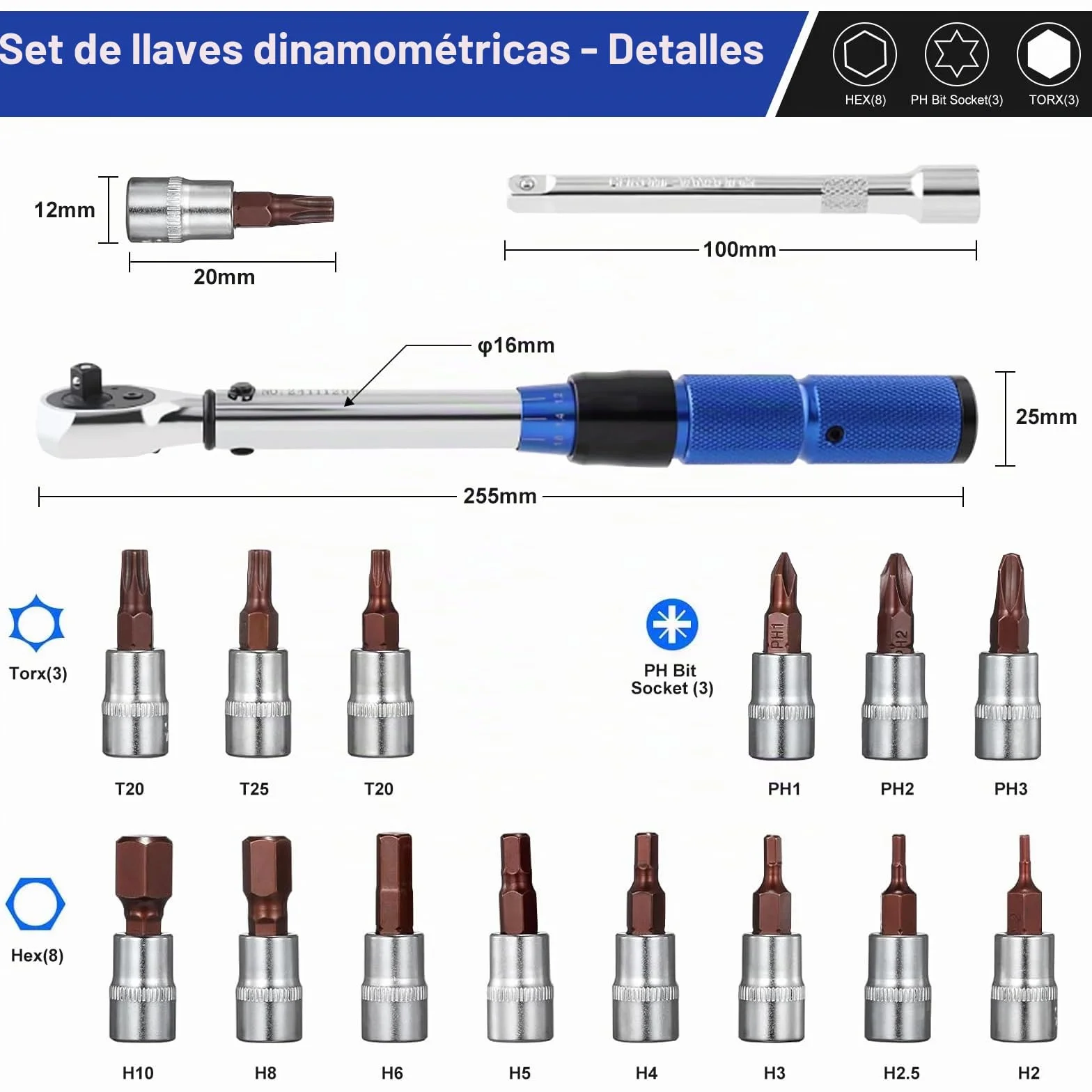 Souvik Llave dinamométrica para Bicicleta 1/4", Para Reparación de Motocicletas y Bicicletas, 2-26 Nm, Precisión de Error ±3%, Incluye 100mm Barras de Extensión, 14 Bits y Almacenamiento