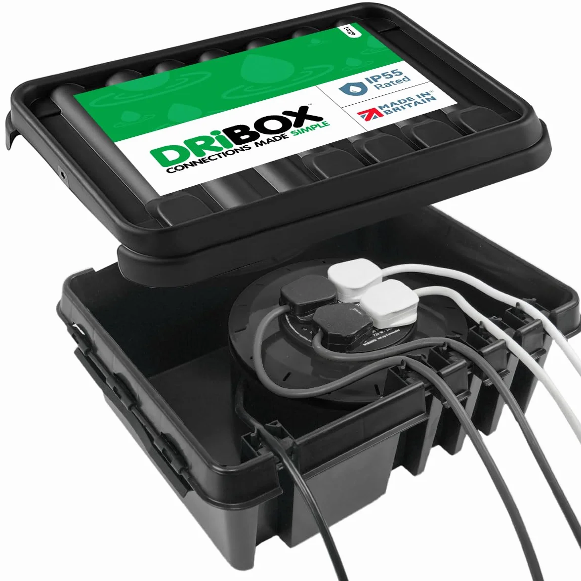DRiBOX IP55 Caja de Conexiones Eléctricas Exterior Resistente a la Intemperie para Luces de Navidad, Temporizadores, Cables de Extensión, Cables, Carretes, Transformadores (Grande, Negro)