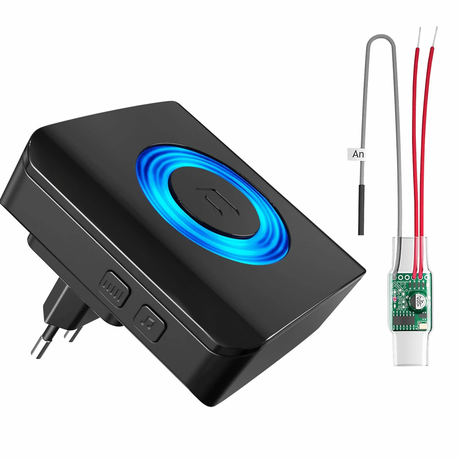 Satisure Juego de Timbre Extensión de Radio Timbre Inalámbrico Gong 1 convertidor de Radio + 1 Enchufe receptora para Sistemas de Timbre existentes (transmisor Incorporado 3-24V AC/DC)