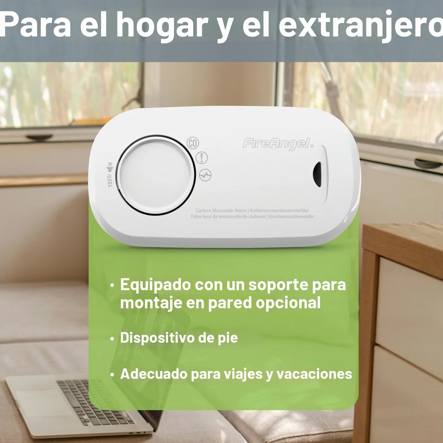 FireAngel Detector de Monóxido de Carbono con Sensor – Alarma de CO Portátil para Hogar y Vacaciones - Monitorea Monóxido Carbono - FA3313, Blanco