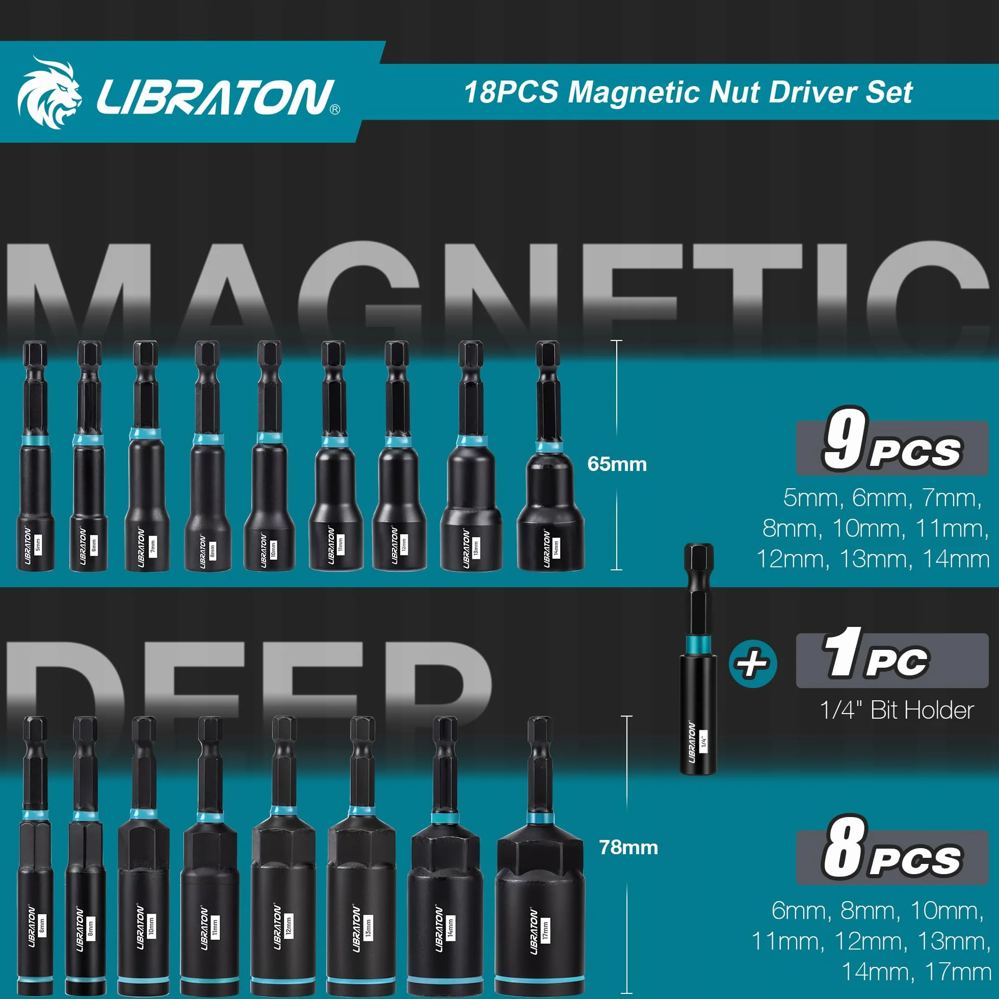 LIBRATON 18 Piezas Juego de Destornilladores Magnéticos para Tuercas para Taladro de Impacto, Métrico, Destornilladores para Tuercas de 5-14MM, Profundas de 6-17MM, Portapuntas, para Reparación