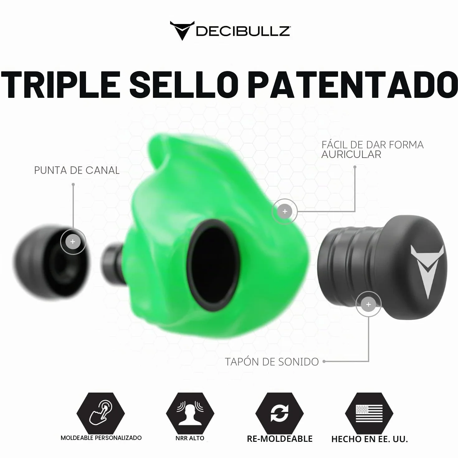 Decibullz Tapones para los oídos moldeados a medida 31 dB protección auditiva para disparos conciertos (verde)