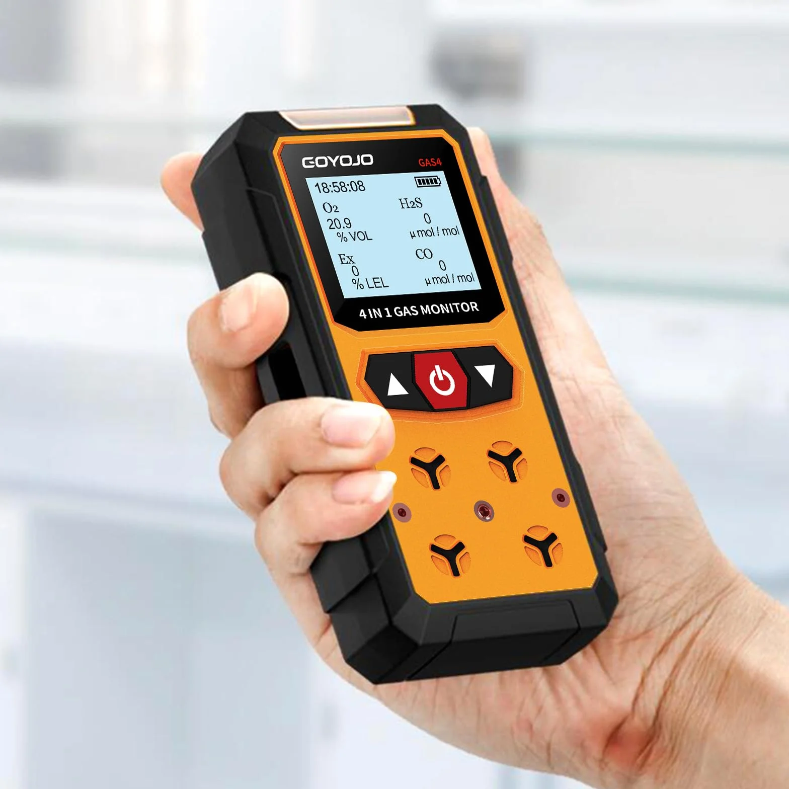 GOYOJO Detector de Fugas de Gas 4en1 (H2S,EX,O2,CO)Monitor de Seguridad Confiable para el Hogar y el Lugar de Trabajo con Detección Precisa, Recargable, Construcción Resistente y Alertas Instantáneas