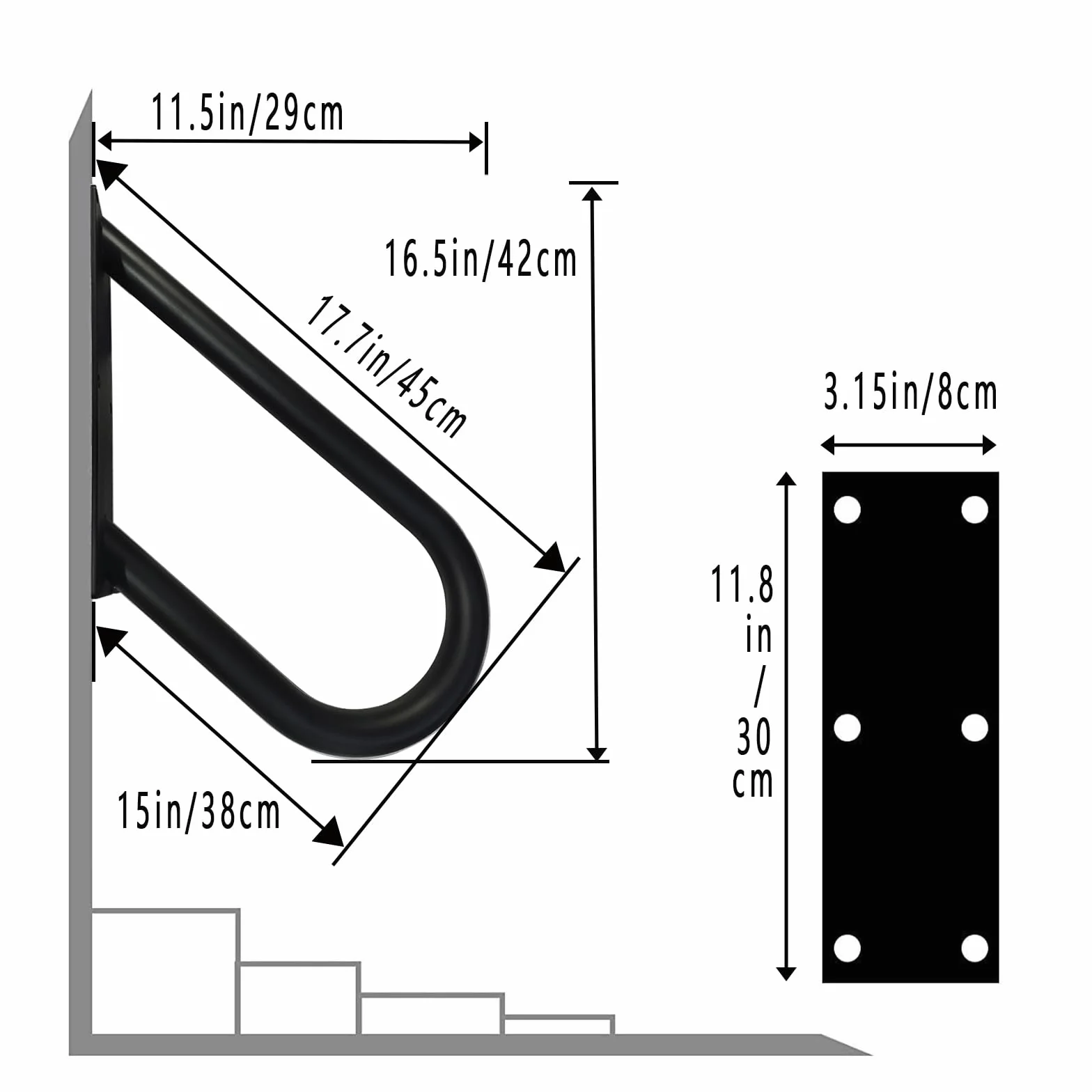 Pasamanos de escalera tipo U, pasamanos para exteriores, instalación montada en la pared, adecuado para 1-2 escalones, baño, proporciona comodidad para la seguridad familiar (longitud 18