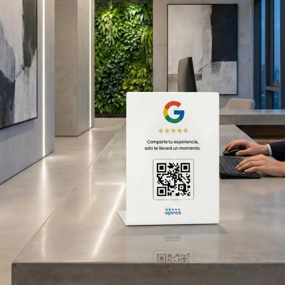 OPINAS Soporte QR Reseñas Google App IA Responder Reseñas Stand Cartel Opiniones