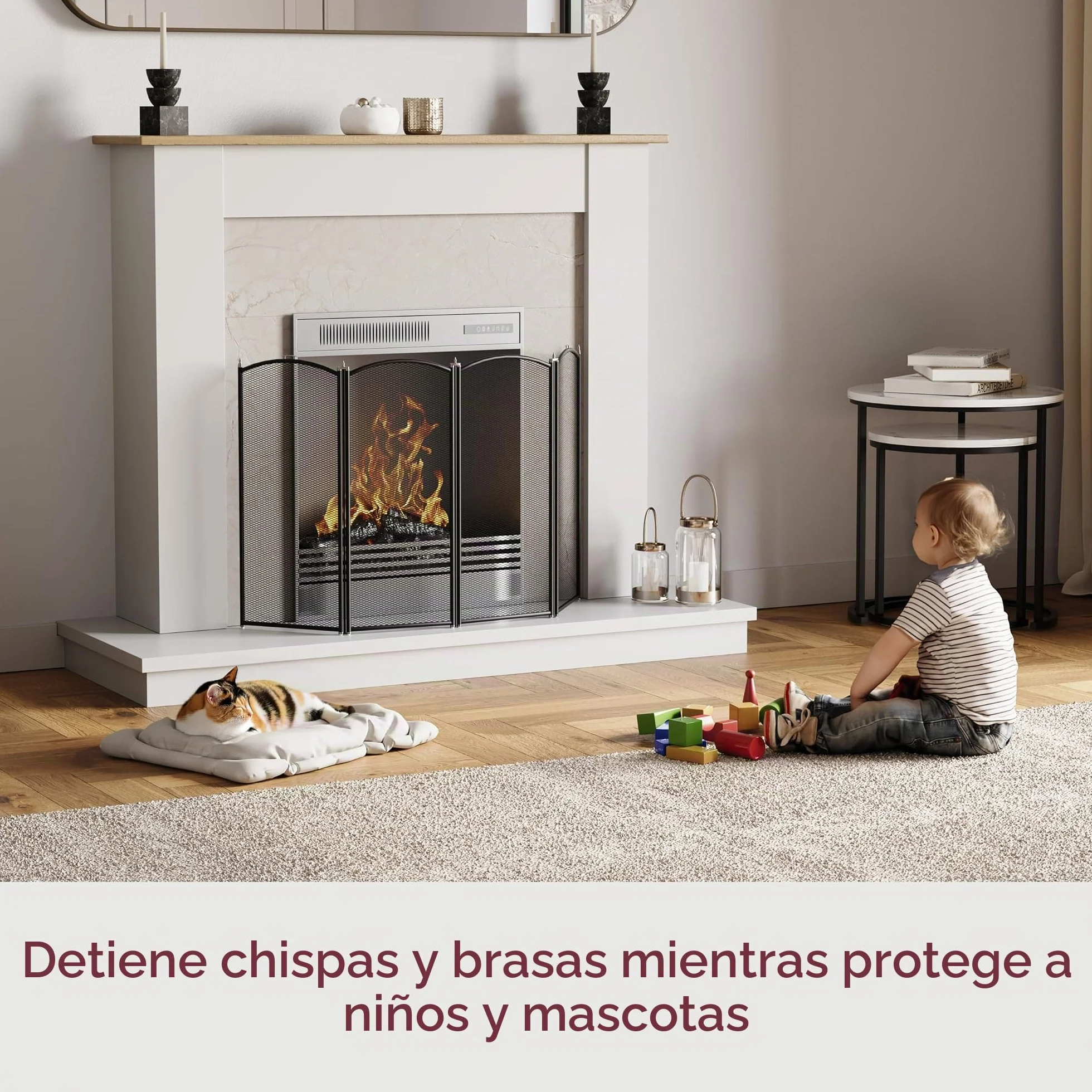Fire Vida Protector de chimeneas de Metal con 4 Paneles, Color Negro