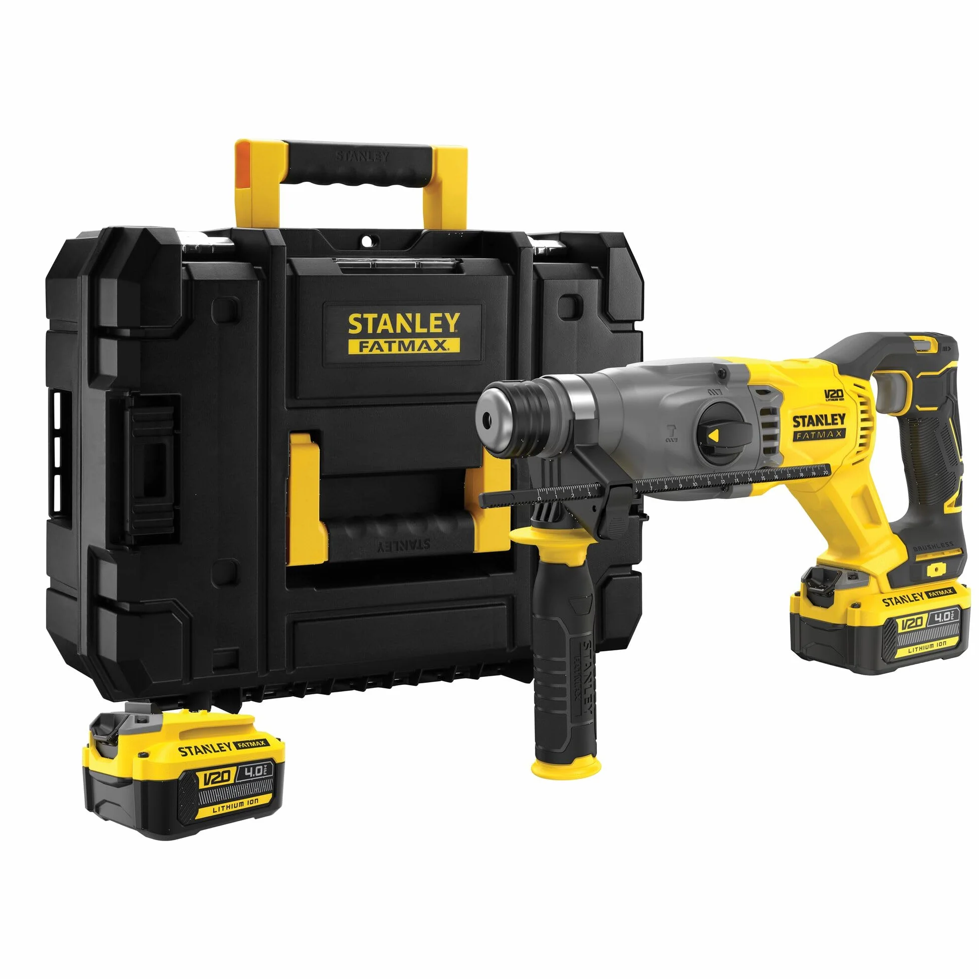 STANLEY FATMAX Martillo SDS-Plus V20 18V, Motor Sin Escobillas, 2J Impacto, 3 Modos (rotativo, percutor y cincelador), Incluye: 2 Baterías 4.0Ah, Cargador, Maletín PRO-STACK, SFMCH900M22-QW